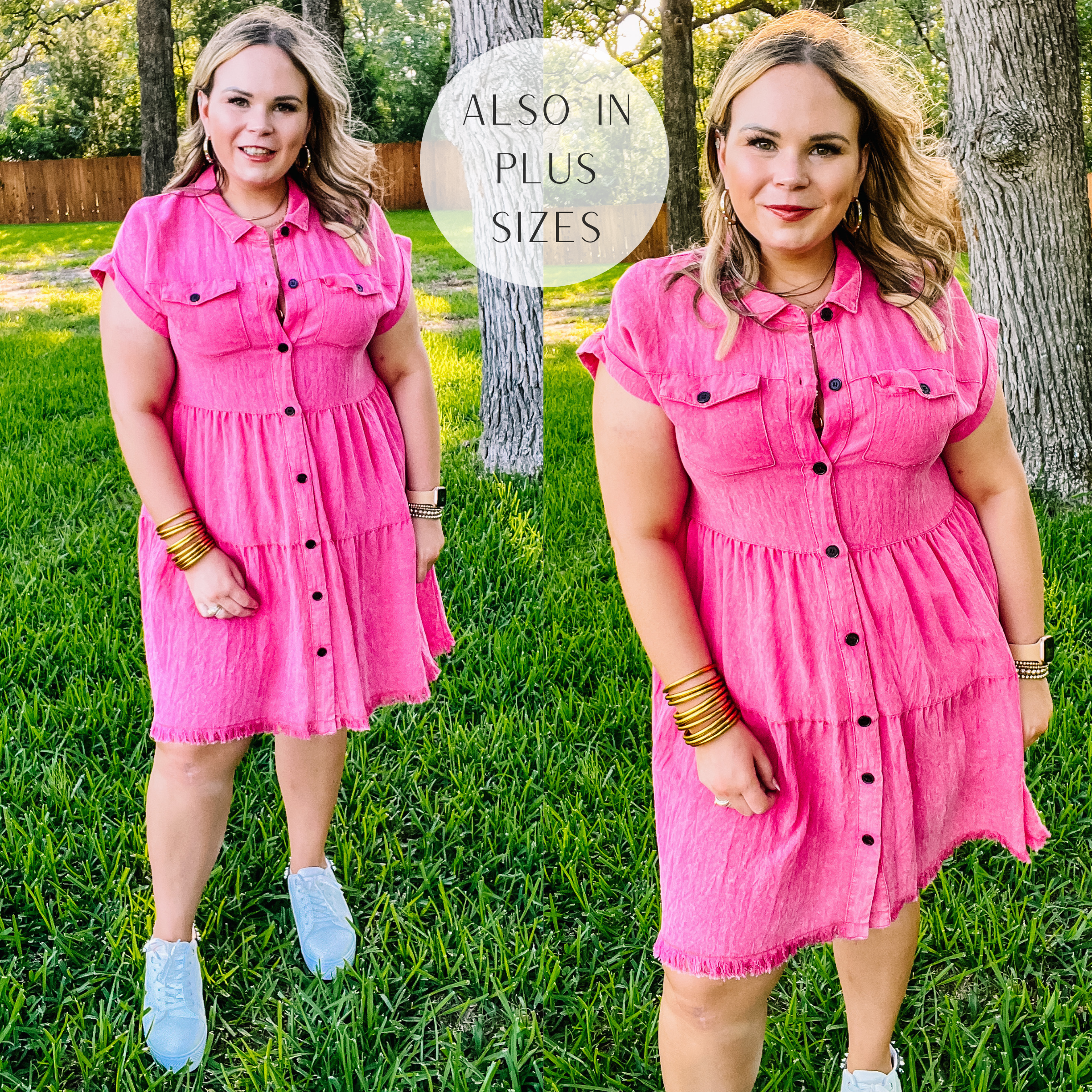 Model is wearing a pink button up dress that has a collared neckline. Model has it paired with gold jewelry and white sneakers.