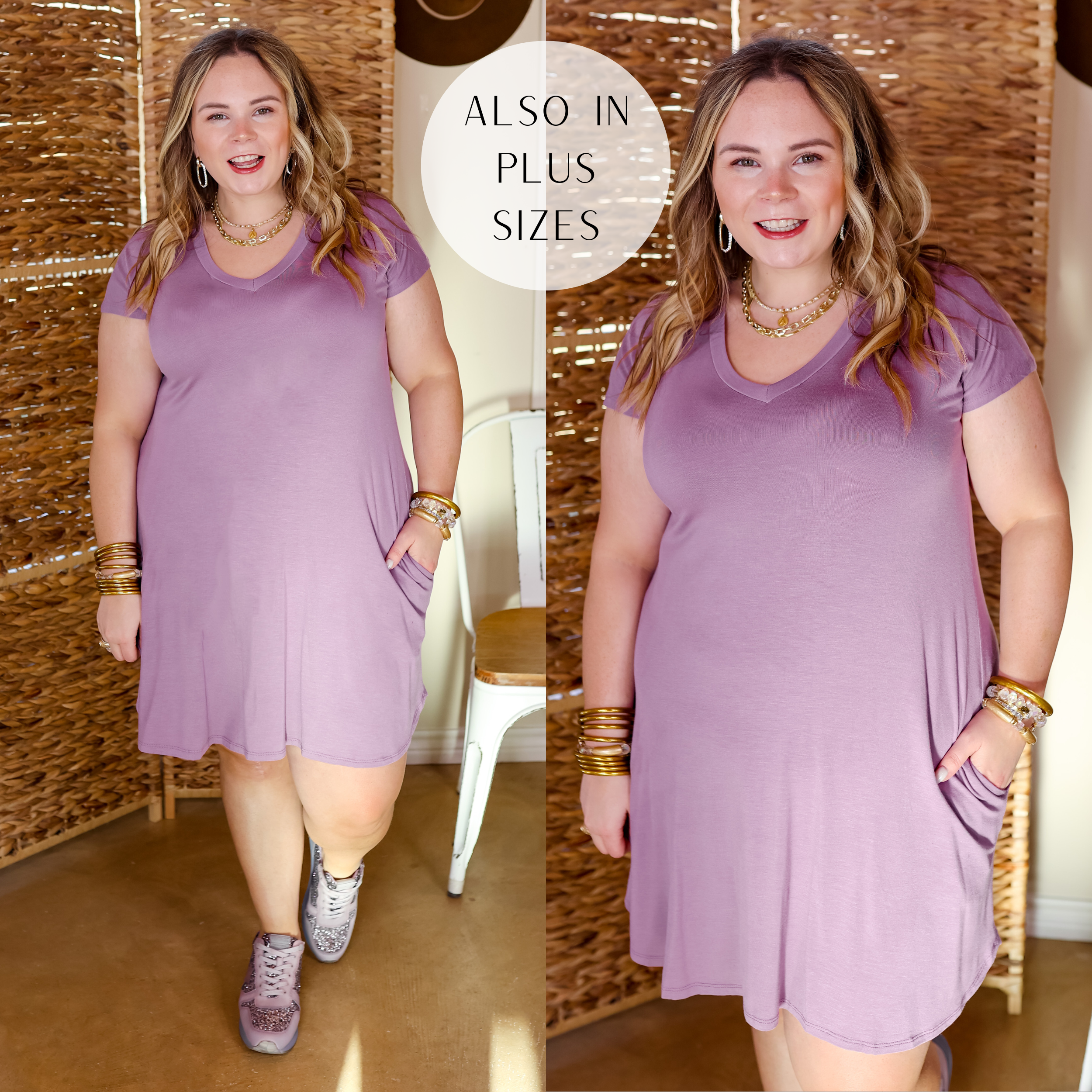 Model is wearing a knee length dress with pockets in a dusty purple. Model has this dress paired with purple sneakers and gold jewelry. 