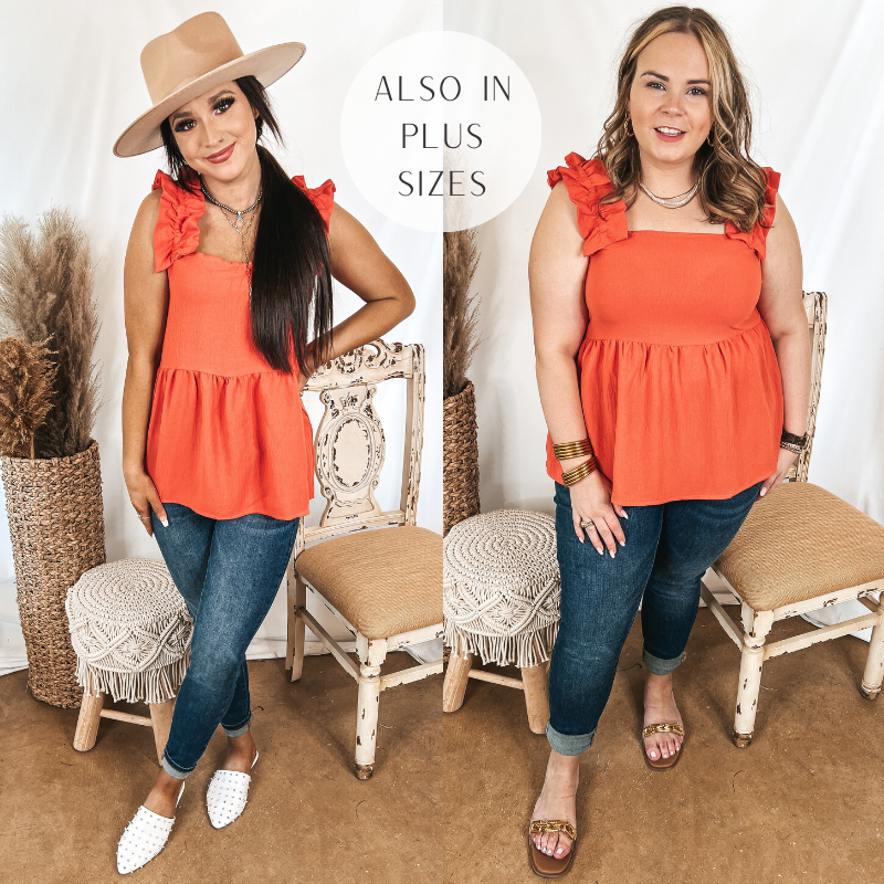 Models are wearing a babydoll tank top that has ruffle straps. Models have this coral orange top paired with non-distressed skinny jeans. Size small model has it paired with white mules and a tan hat. Size large model has it paired with gold jewelry and gold sandals.
