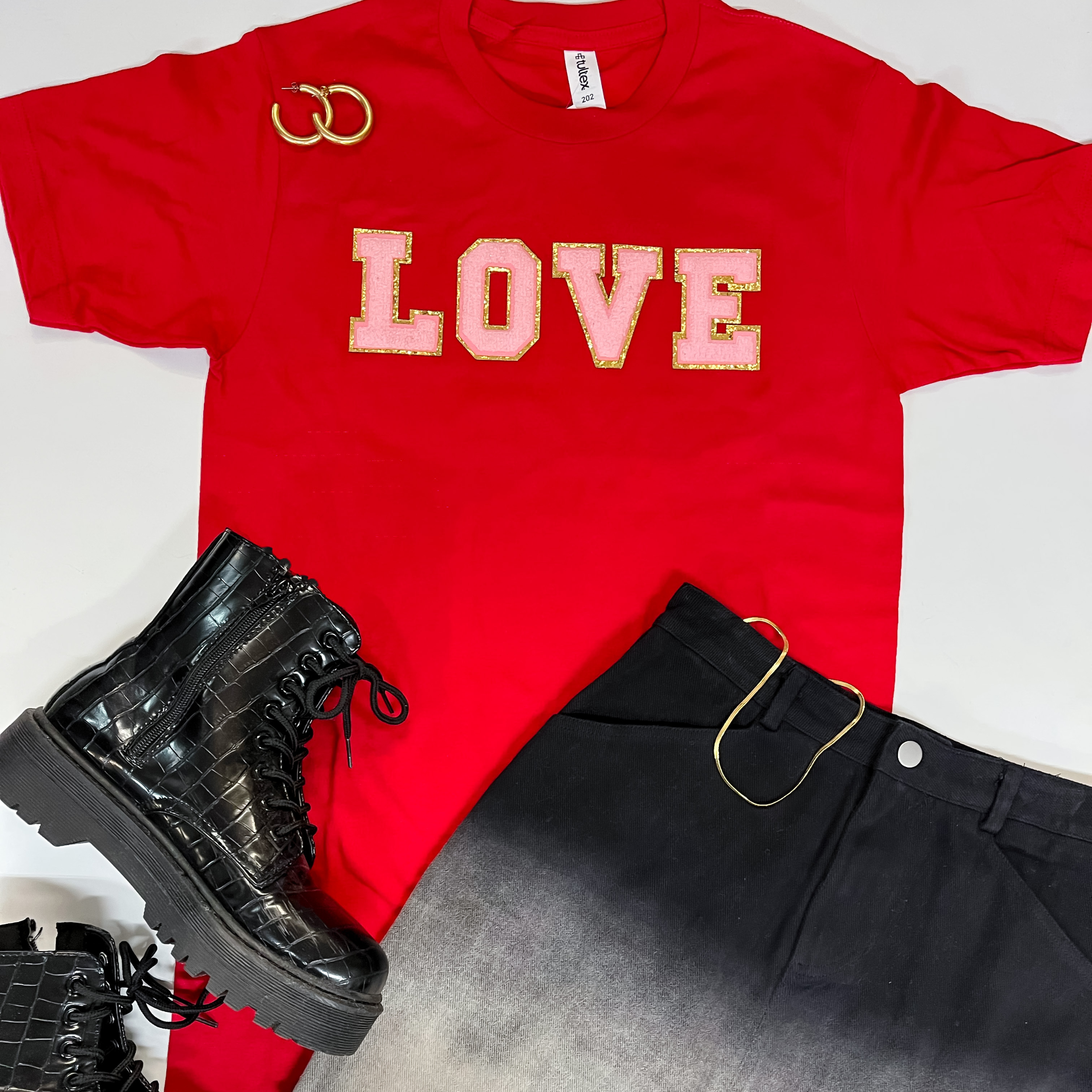 Love Chenille Letter Short Sleeve Graphic Tee in Red - Giddy Up Glamour Boutique