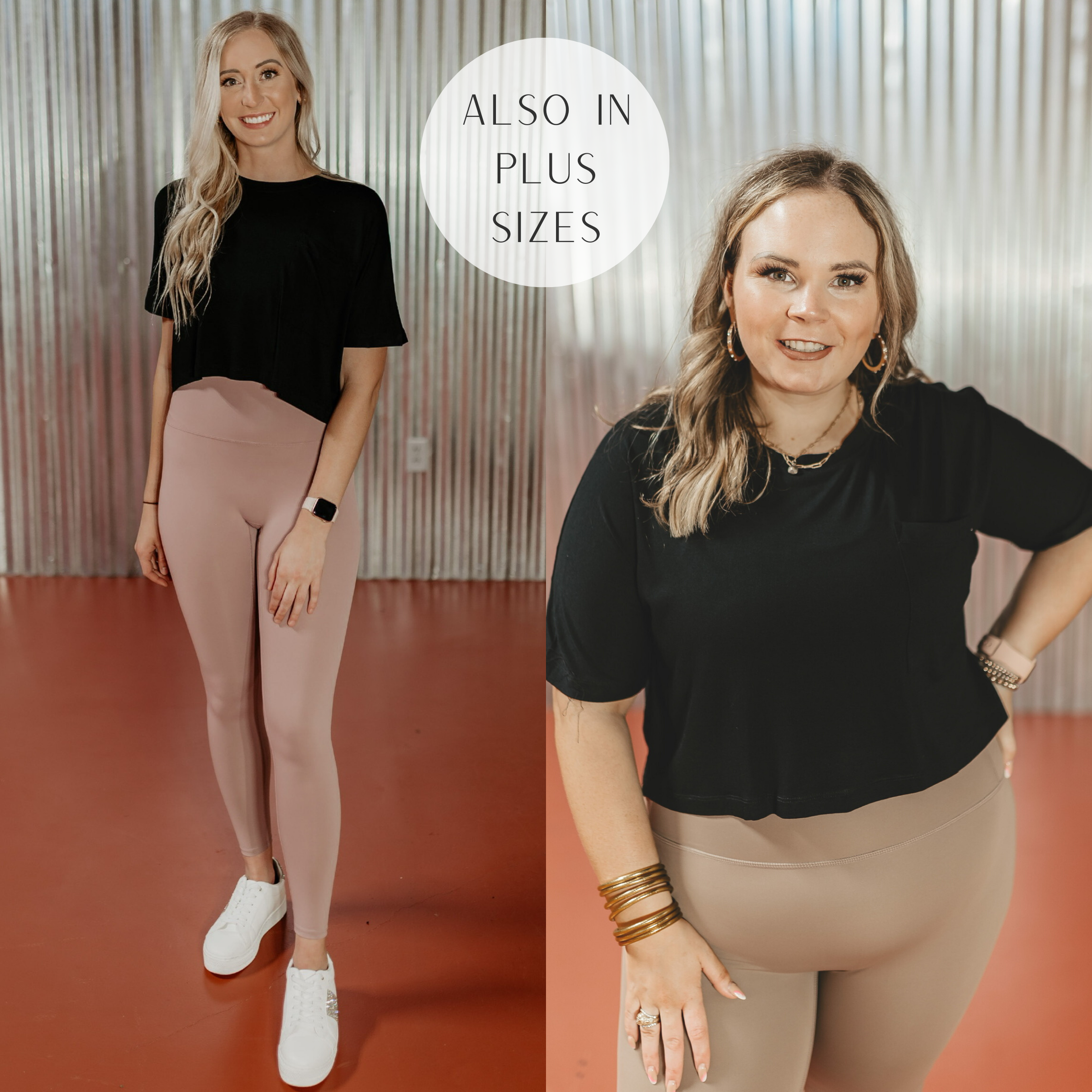 Models are wearing a black crop top that has a pocket.  Size small model has it paired with dusty pink leggings, white sneakers, and gold jewelry. Size large model has it paired with taupe pants and gold jewelry.