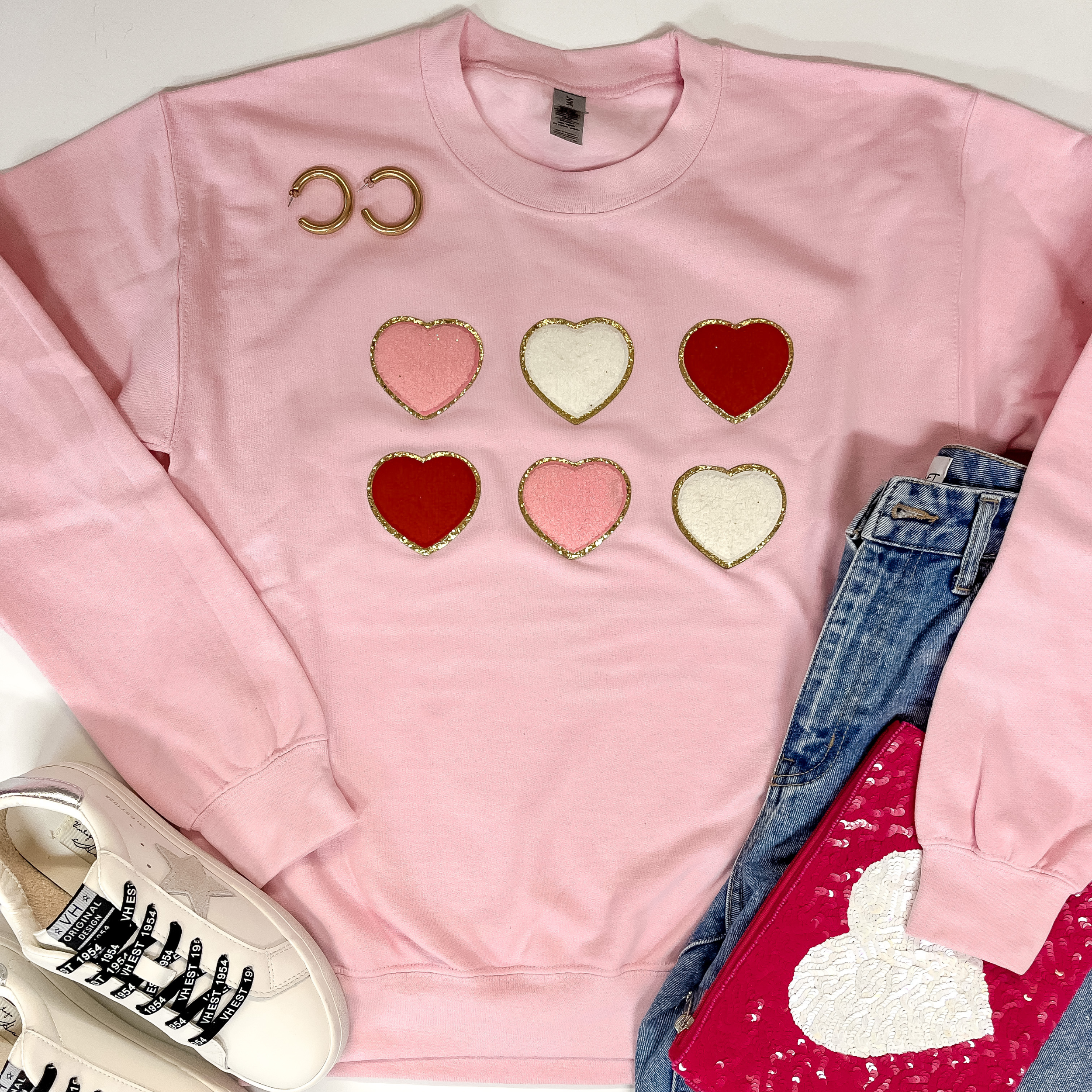 Lots Of Love Chenille Heart Graphic Sweatshirt with Long Sleeves in Light Pink - Giddy Up Glamour Boutique