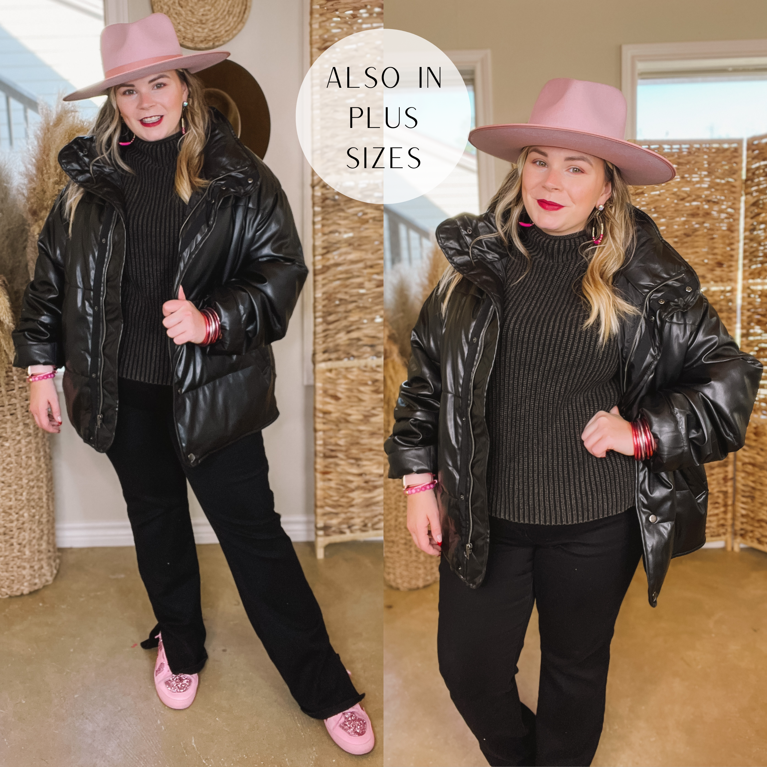 Boston Chill Button and Zip Up Faux Leather Puffer in Black - Giddy Up Glamour Boutique
