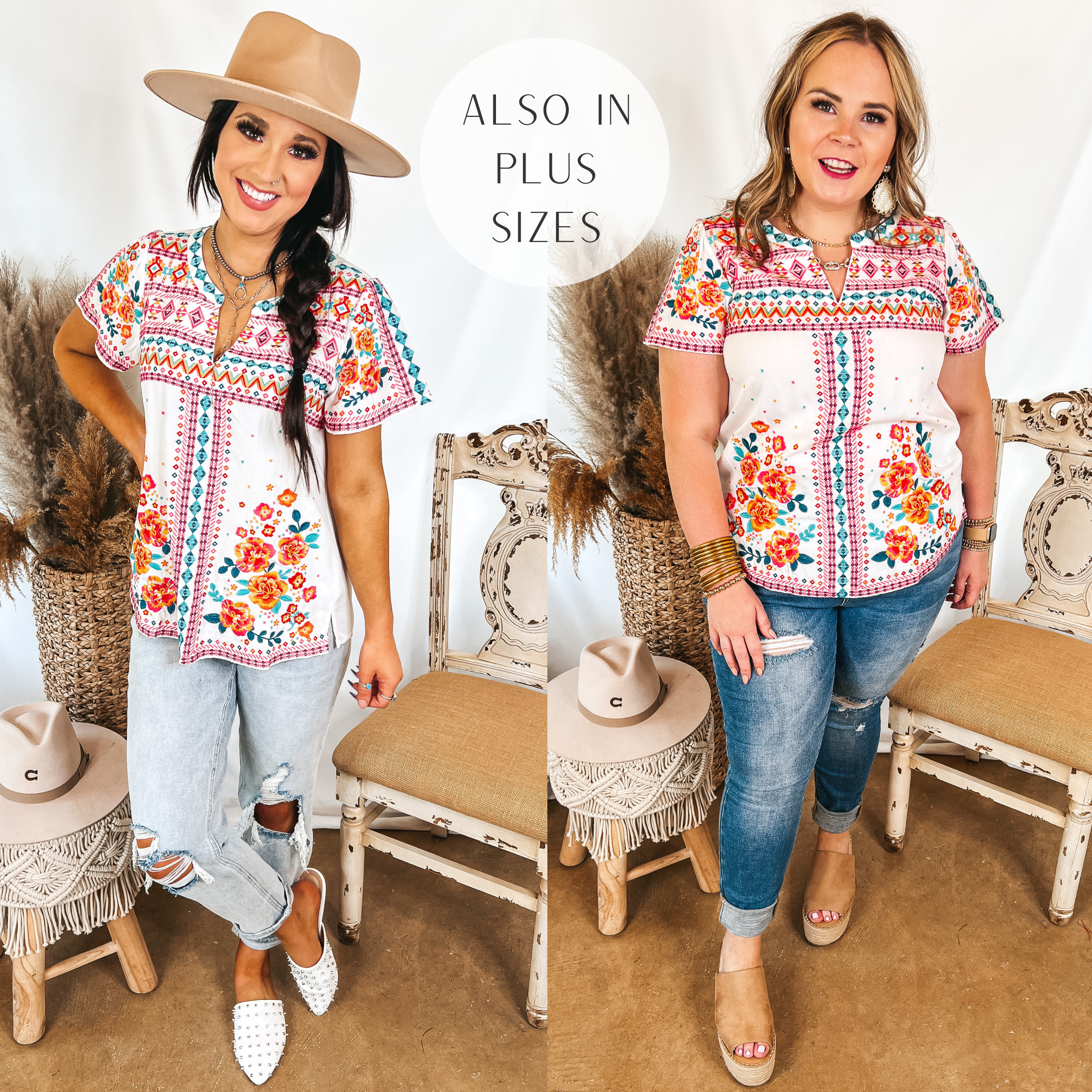 Models are wearing a white top that has colorful embroidery. Size small model has it paired with distressed light wash jeans, white mules, and a tan hat. Size large model has it paired with distressed skinny jeans, tan wedges, and gold jewelry.