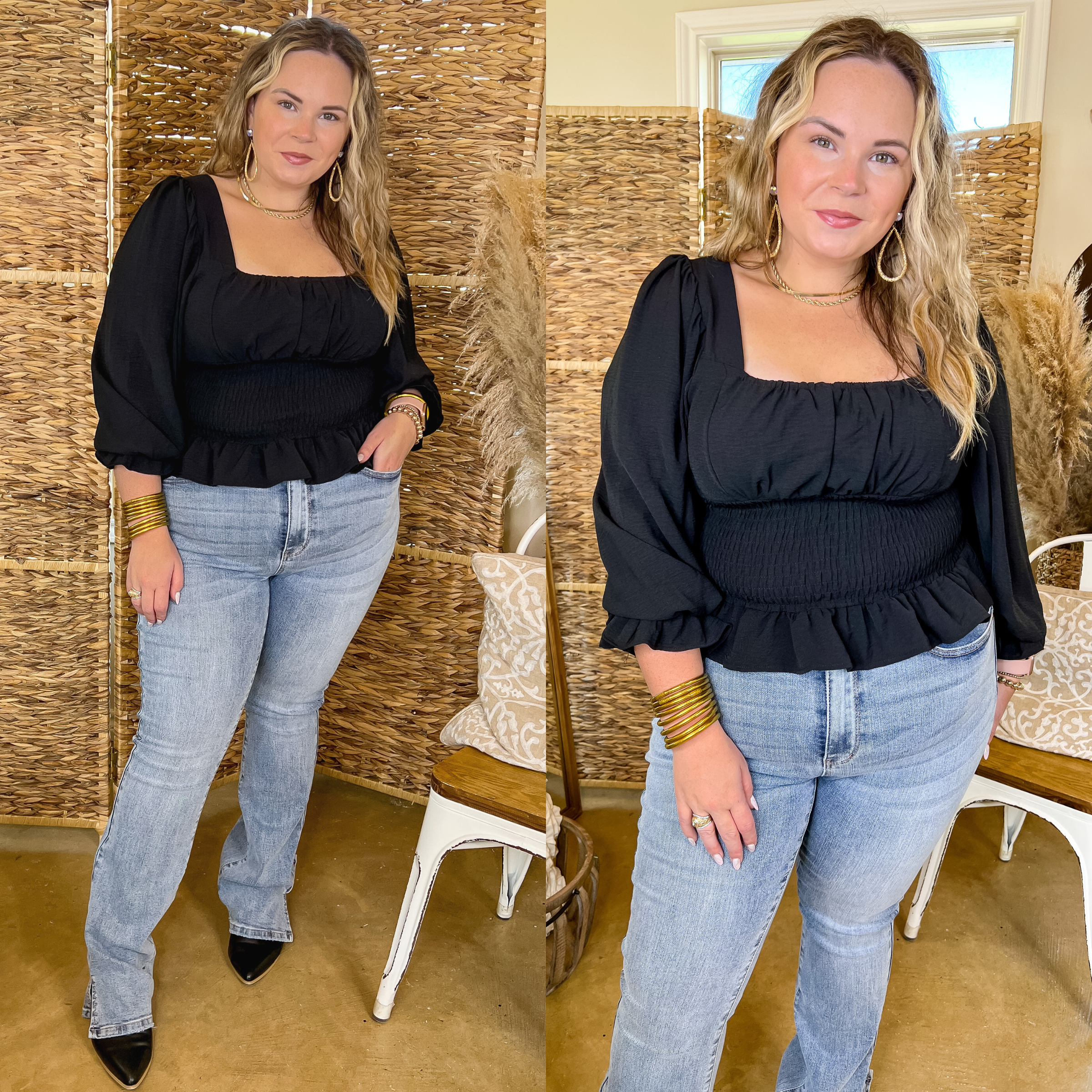 Starting Fresh Long Sleeve Peplum Top with Smocked Bodice in Black - Giddy Up Glamour Boutique