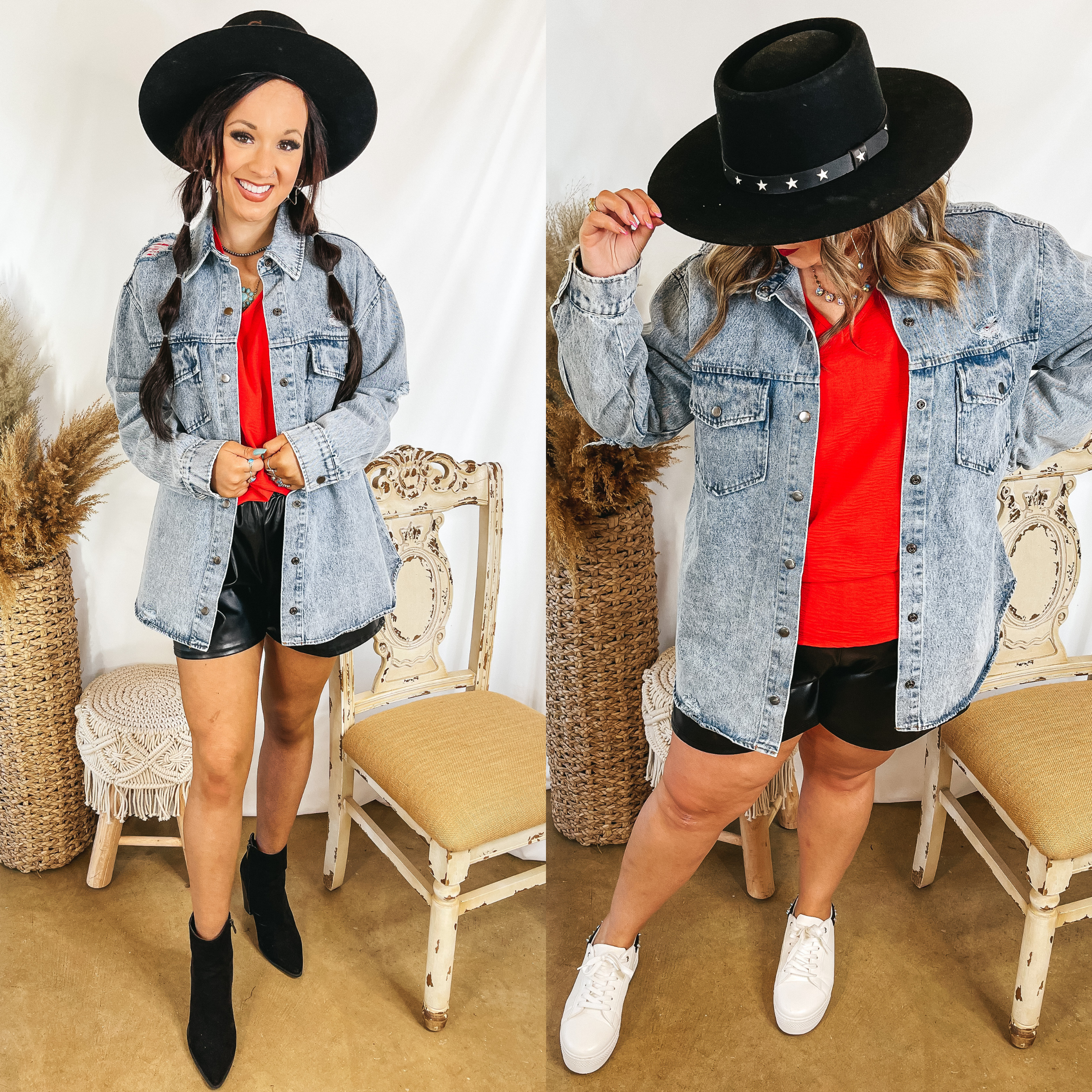 Models are wearing a denim button up shacket that is a light wash. Both models have it paired with black leather shorts, a red top, and a black hat.