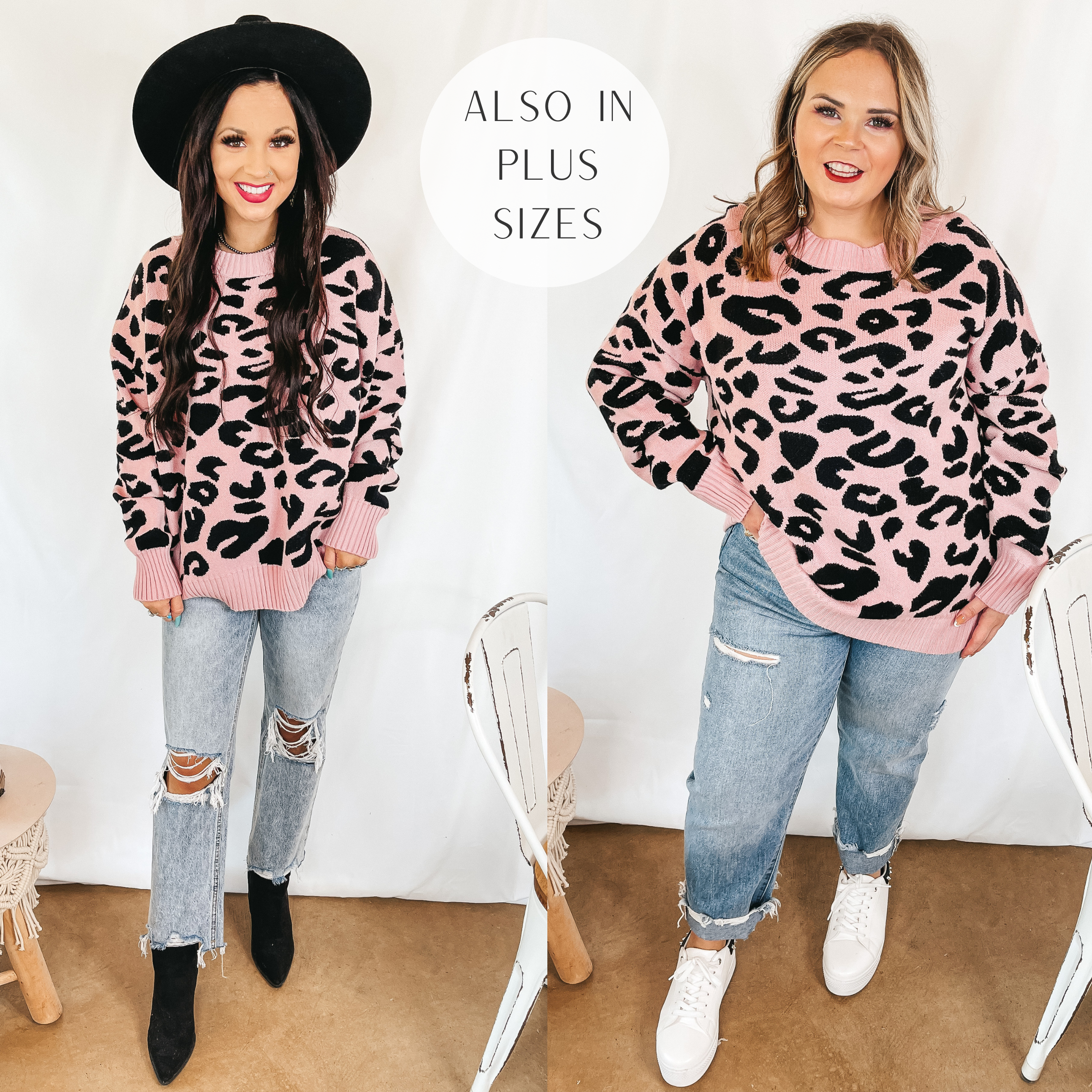Models are wearing a light pink sweater with a black leopard print. Both models have this long sleeve top paired with light wash jeans. Size small model has it paired with a black hat and black booties. Size large model has it paired with white sneakers and silver earrings.
