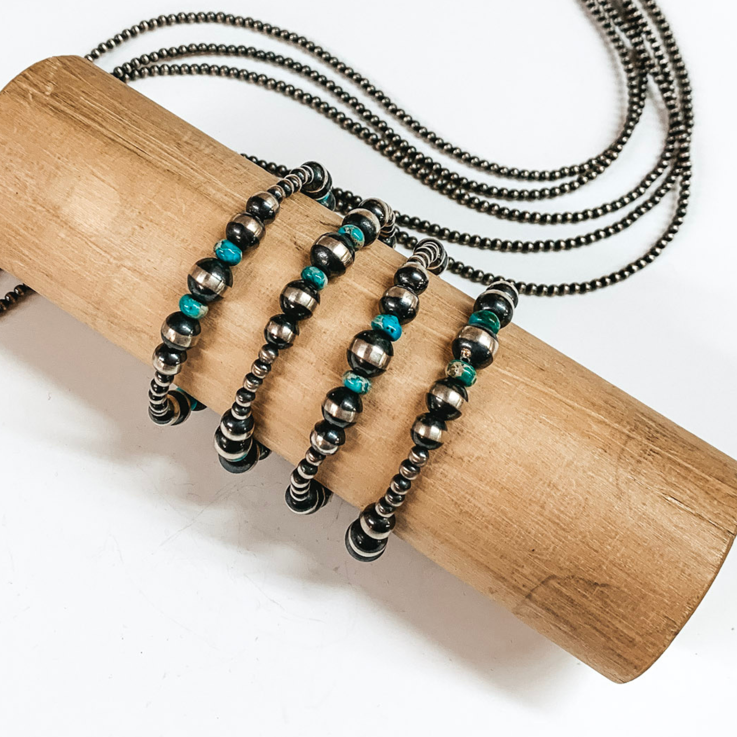 Navajo  | Navajo Handmade Sterling Silver Graduated Navajo Pearl and Turquoise Beaded Stretchy Bracelet - Giddy Up Glamour Boutique