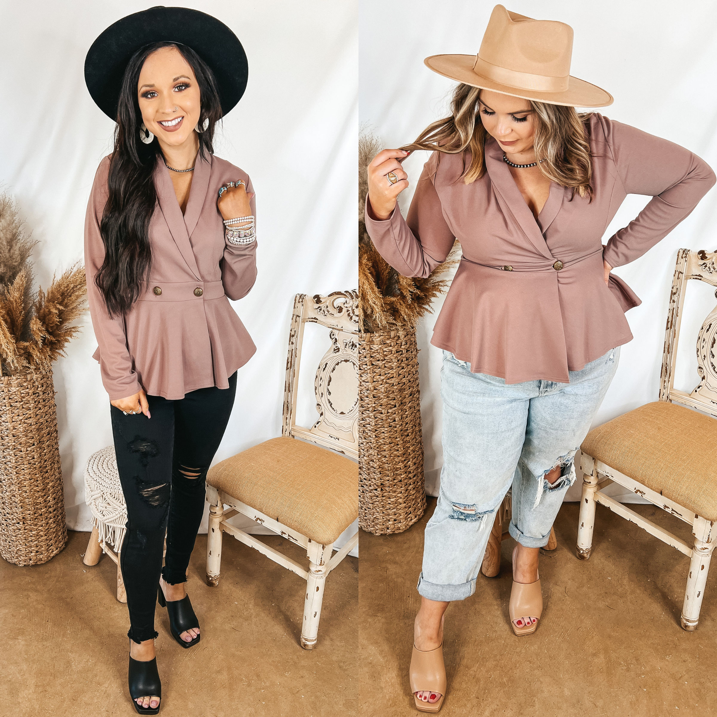 Models are wearing a mauve peplum blazer that is buttoned in the front. Size small model has it paired with black skinny jeans, black heels, and a black hat. Size large model has it paired with light wash jeans, tan heels, and a tan hat.