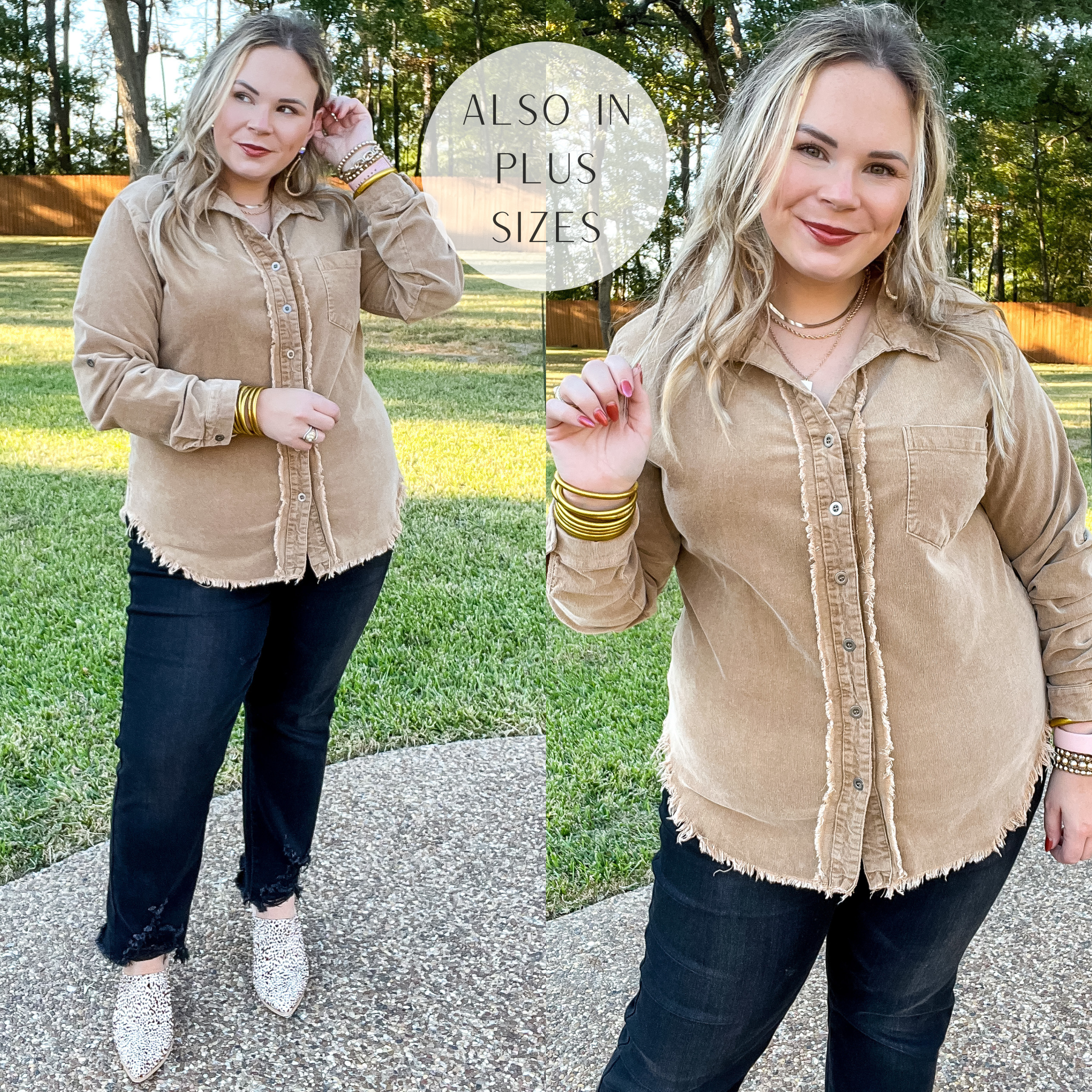 Model is wearing a beige button up top with a raw hemline and button up front. Model has it paired with black boyfriend jeans and gold jewelry.