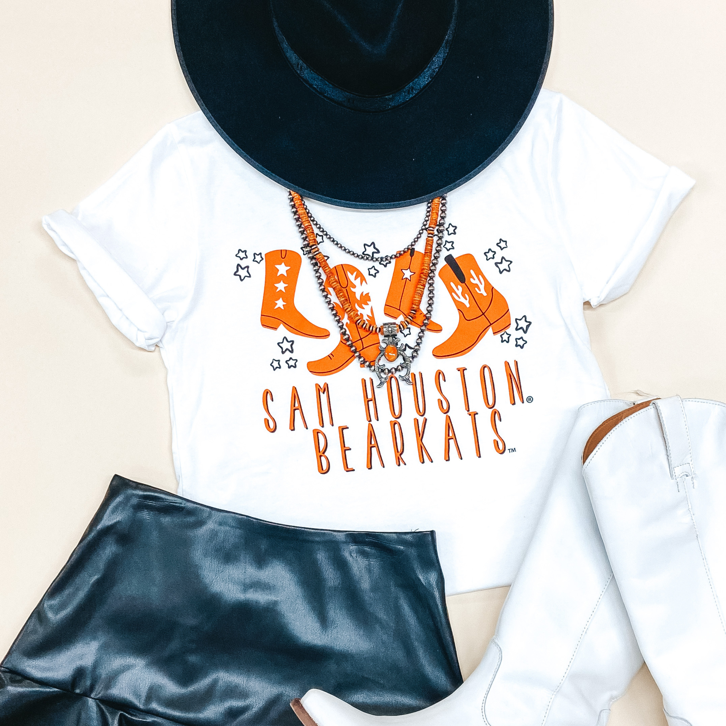 Bearkat Game Day | Sam Houston Bearkats Cowgirl Hat Short Sleeve Graphic Tee in White - Giddy Up Glamour Boutique
