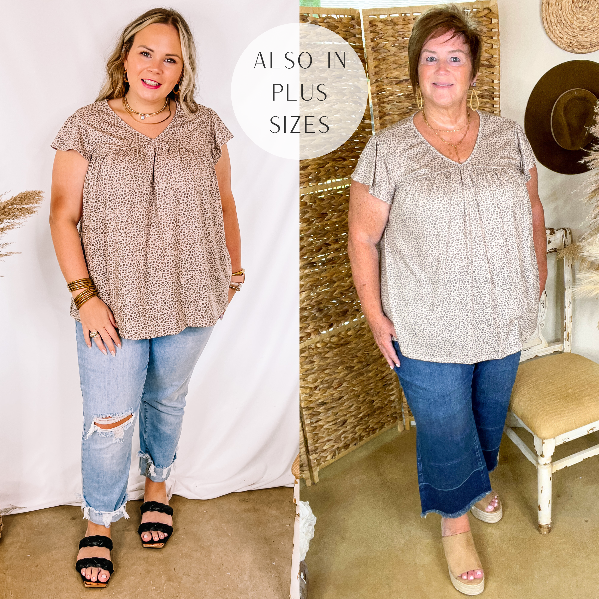 Take A Second High Notched V Neck Leopard Print Top in Taupe