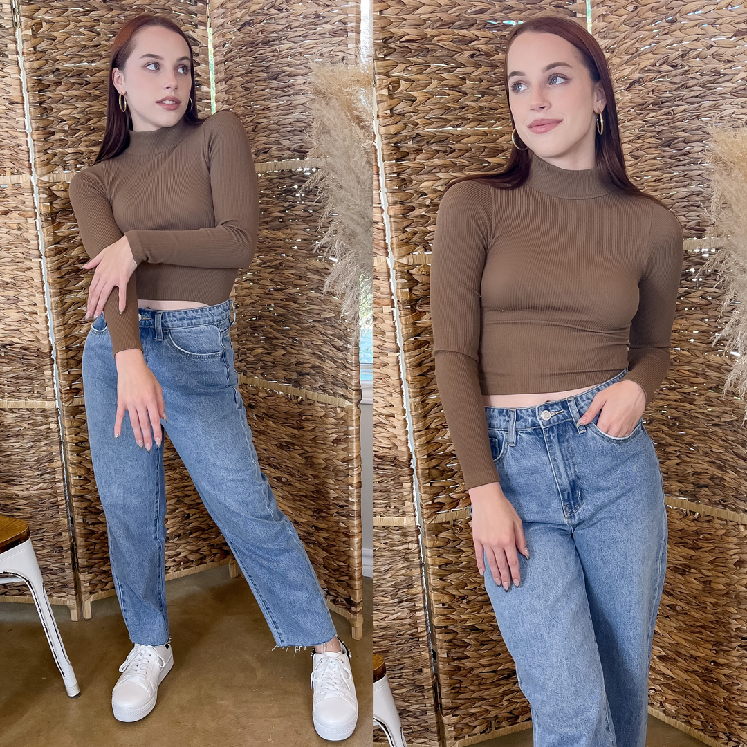 Up At Dawn Ribbed Mock Neck Long Sleeve Crop Top in Brown - Giddy Up Glamour Boutique