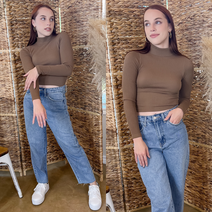 Up At Dawn Ribbed Mock Neck Long Sleeve Crop Top in Brown - Giddy Up Glamour Boutique
