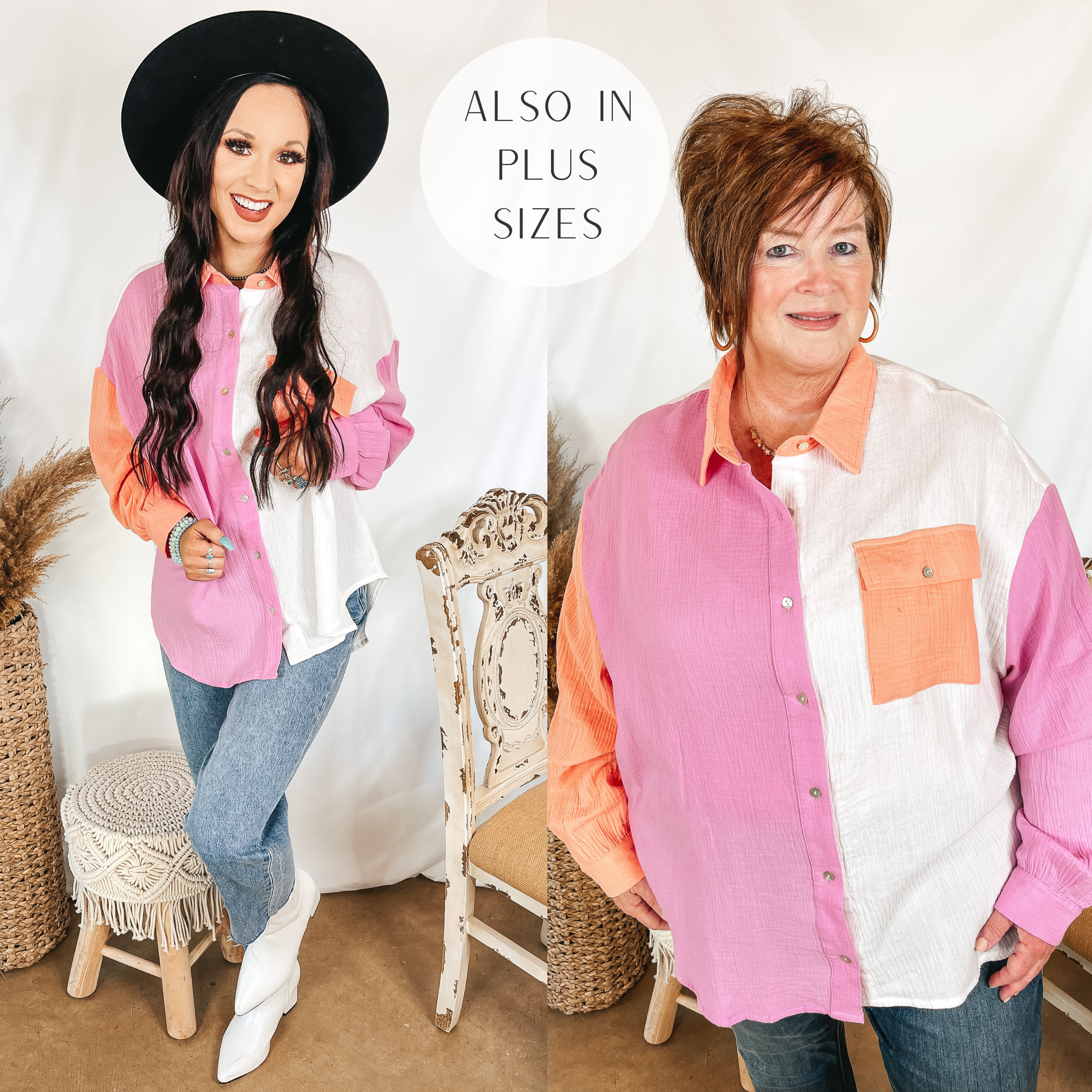 Models are wearing a button up top that is white, pink, and orange. Size small model has it paired with a black hat, light wash jeans, and white booties. Plus size model has it paired with dark wash jeans.