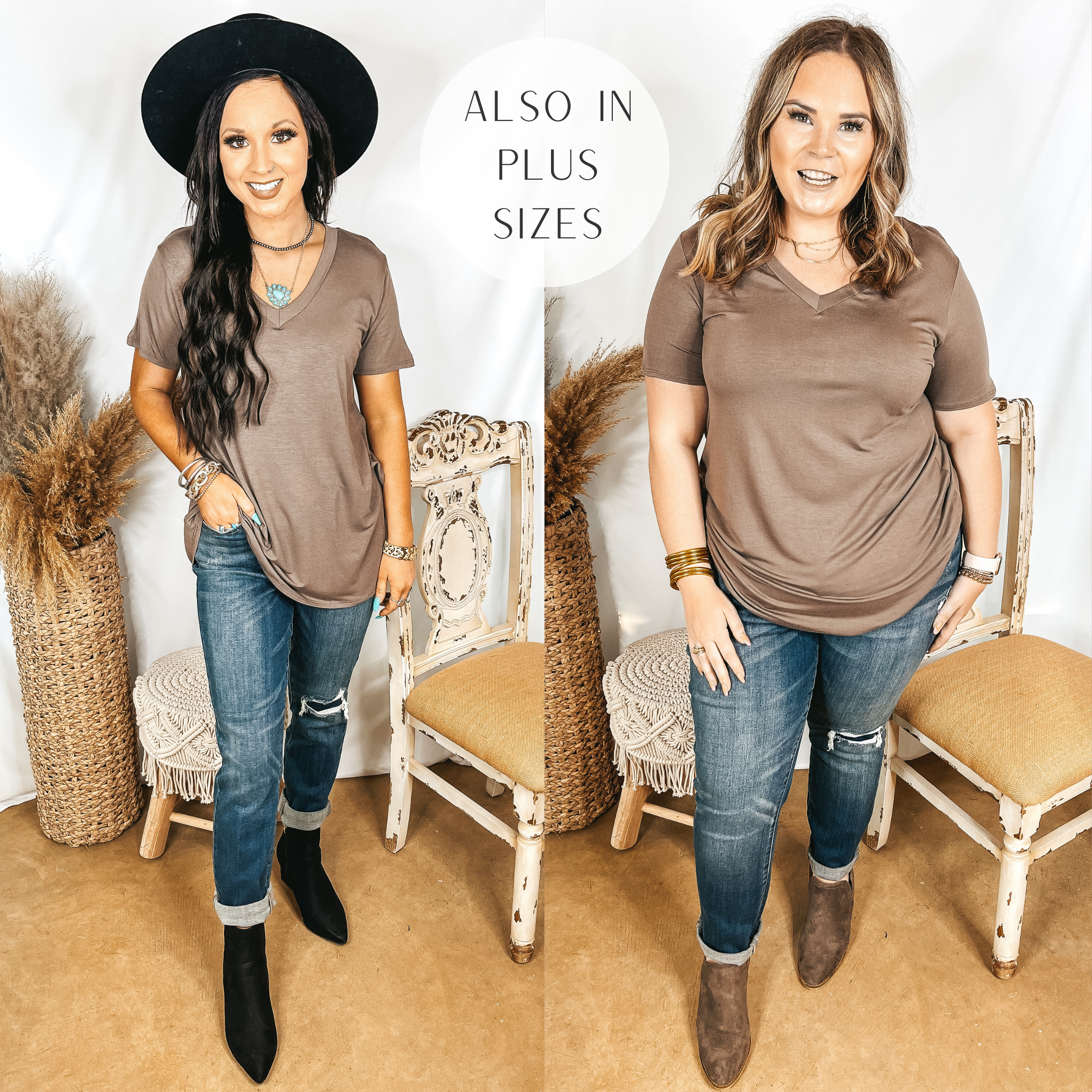 Models are wearing a taupe brown v neck tee shirt. Both models have this solid top paired with patch knee boyfriend jeans. Size small model has it paired with black booties and a black hat. Size large model has it paired with brown booties and gold jewelry.
