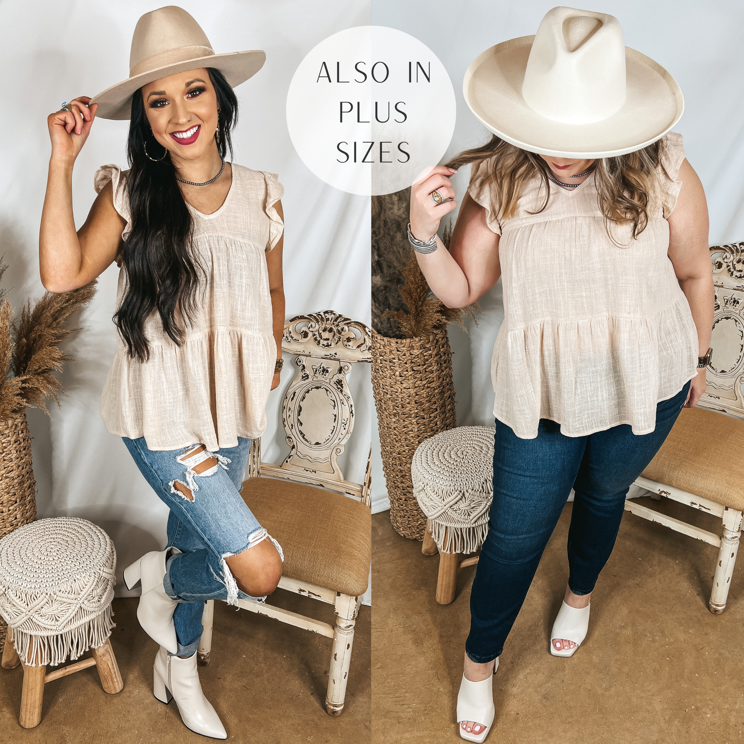 Models are wearing a beige cap sleeve top. Size small model has it paired with light wash distressed jeans, white booties, and a beige hat. Size large model has it paired with dark wash jeans, white heels, and a white hat.