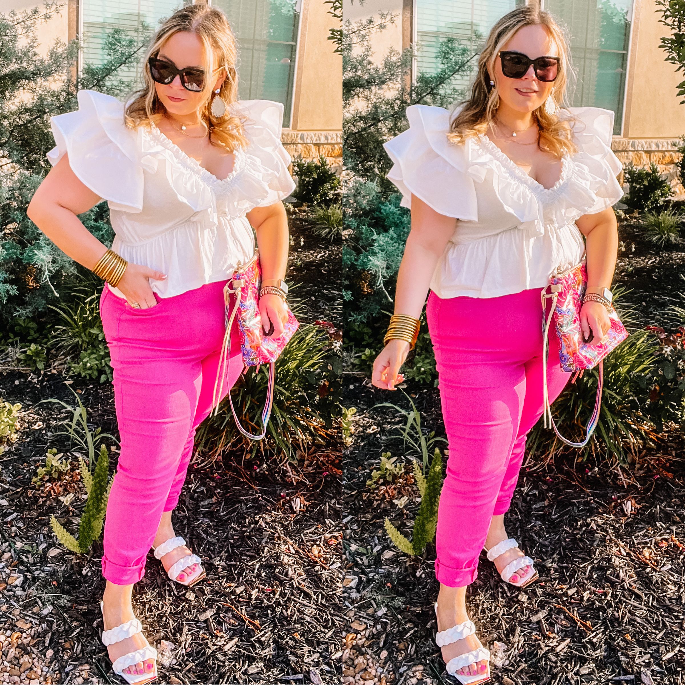 Model is wearing a white ruffle blouse with a v neckline. Size large model has it paired with pink skinny jeans, white braided sandals, and gold jewelry.