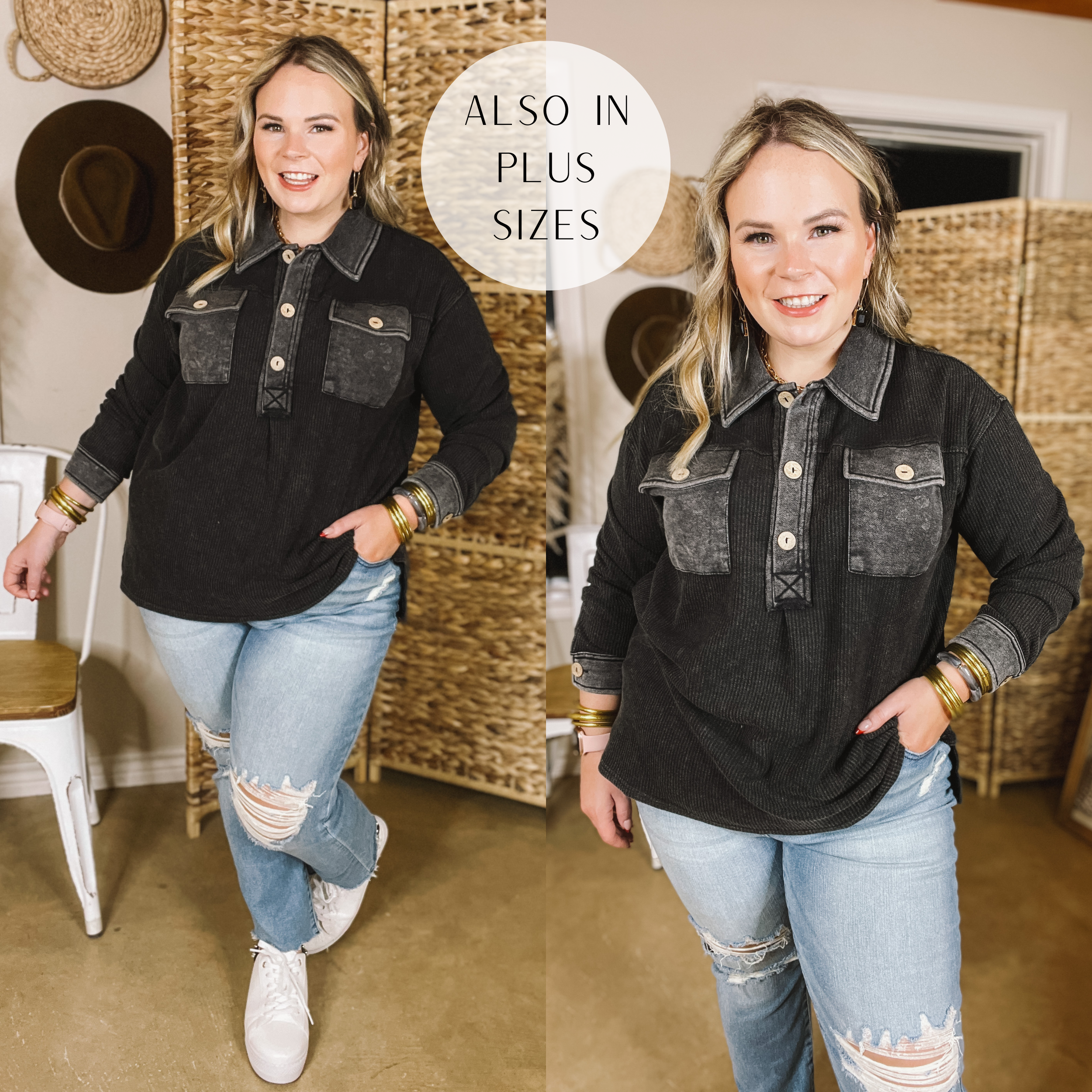Model is wearing a long sleeve, waffle knit shirt in black. Model has this top paired with straight leg jeans, white tennis shoes and gold jewelry. 