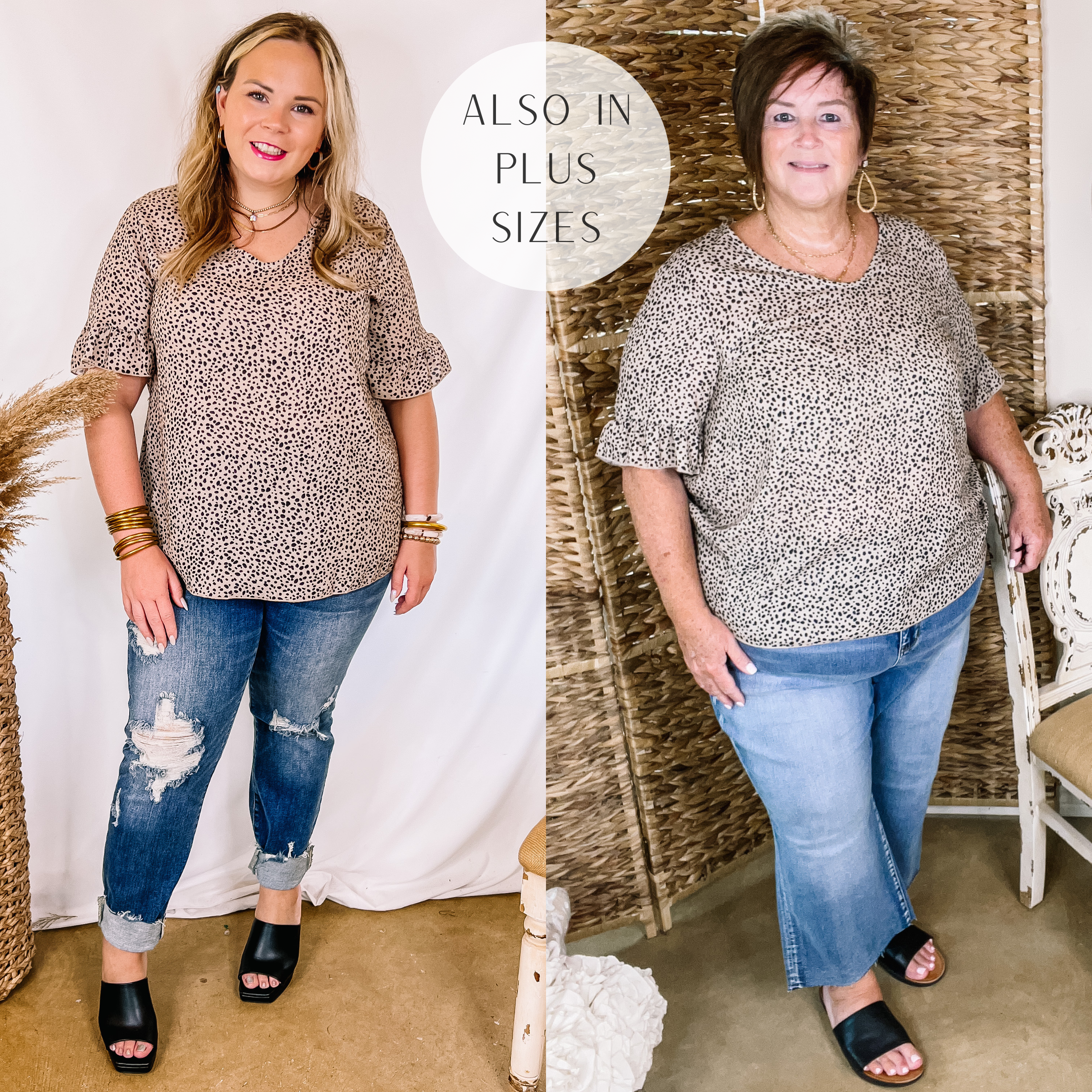 Model is wearing a short sleeve, v neck ruffle top in taupe with a dotted print. Size Large Model has is paired with dark wash denim jeans, black heels, and gold jewelry.