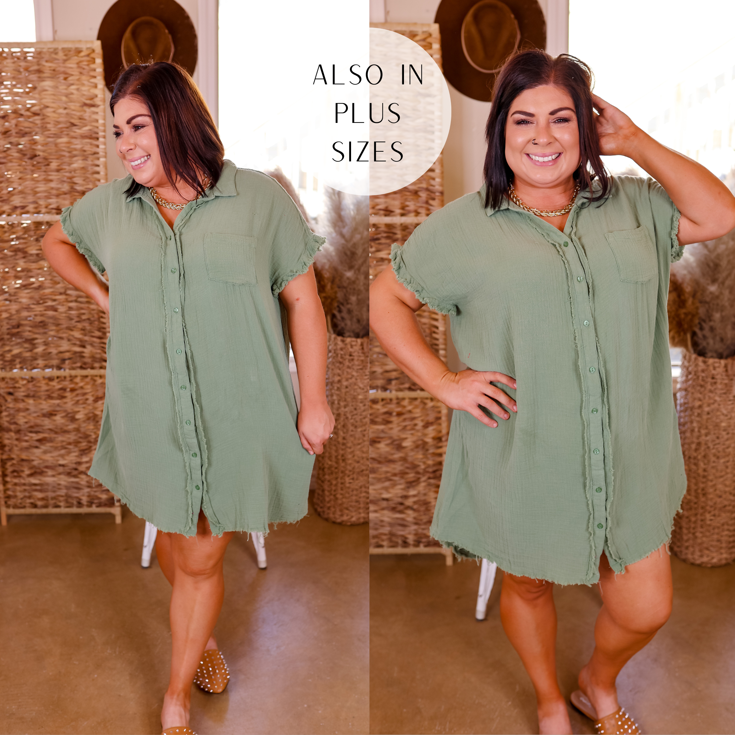 Spring Glow Button Up Raw Hem Dress in Sage Green - Giddy Up Glamour Boutique