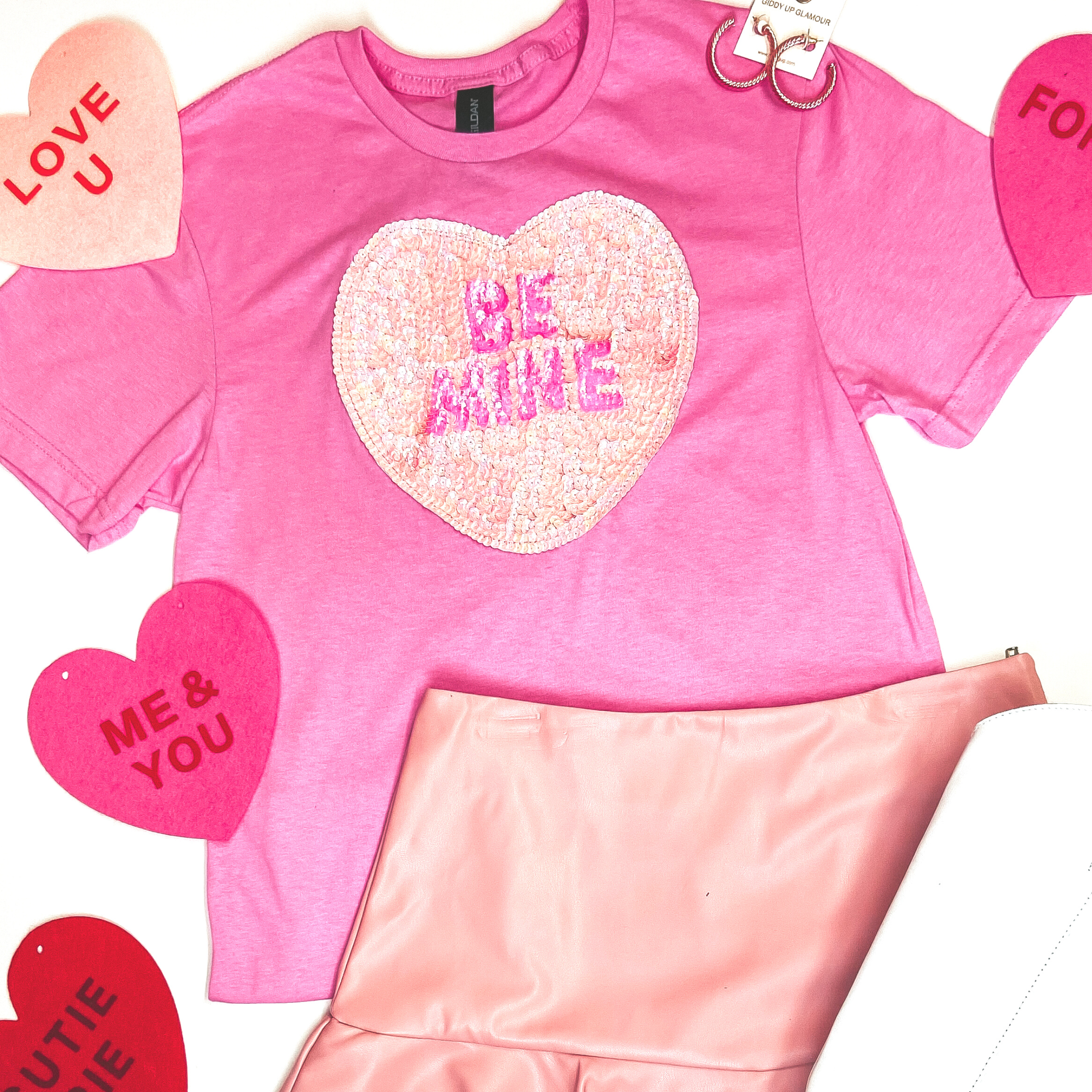 Be Mine Sequin Heart Short Sleeve Graphic Tee in Pink - Giddy Up Glamour Boutique