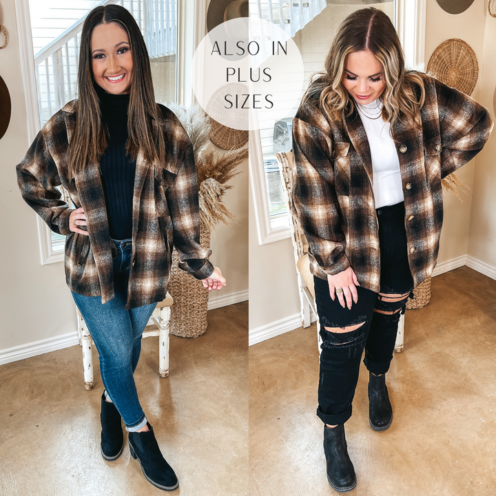 Models are wearing a brown plaid shacket open over a tank top. Size small model has it paired with a black tank top, skinny blue jeans, and black booties. Size large model has it paired with a white tank top, black distressed jeans, black booties, and gold jewelry.