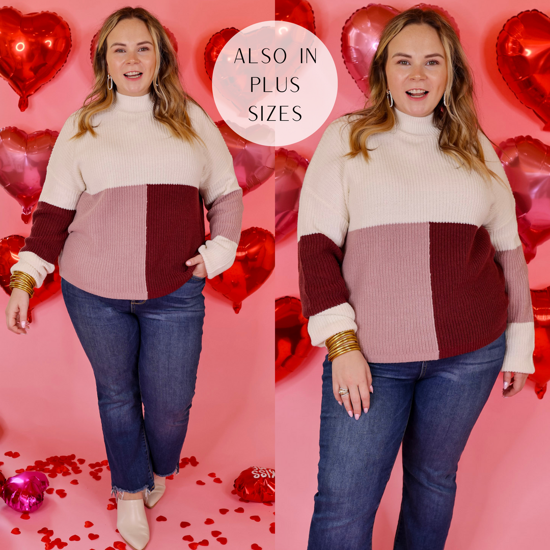 Just Warming Up Color Block Knit Pullover Sweater in Maroon and Mauve - Giddy Up Glamour Boutique
