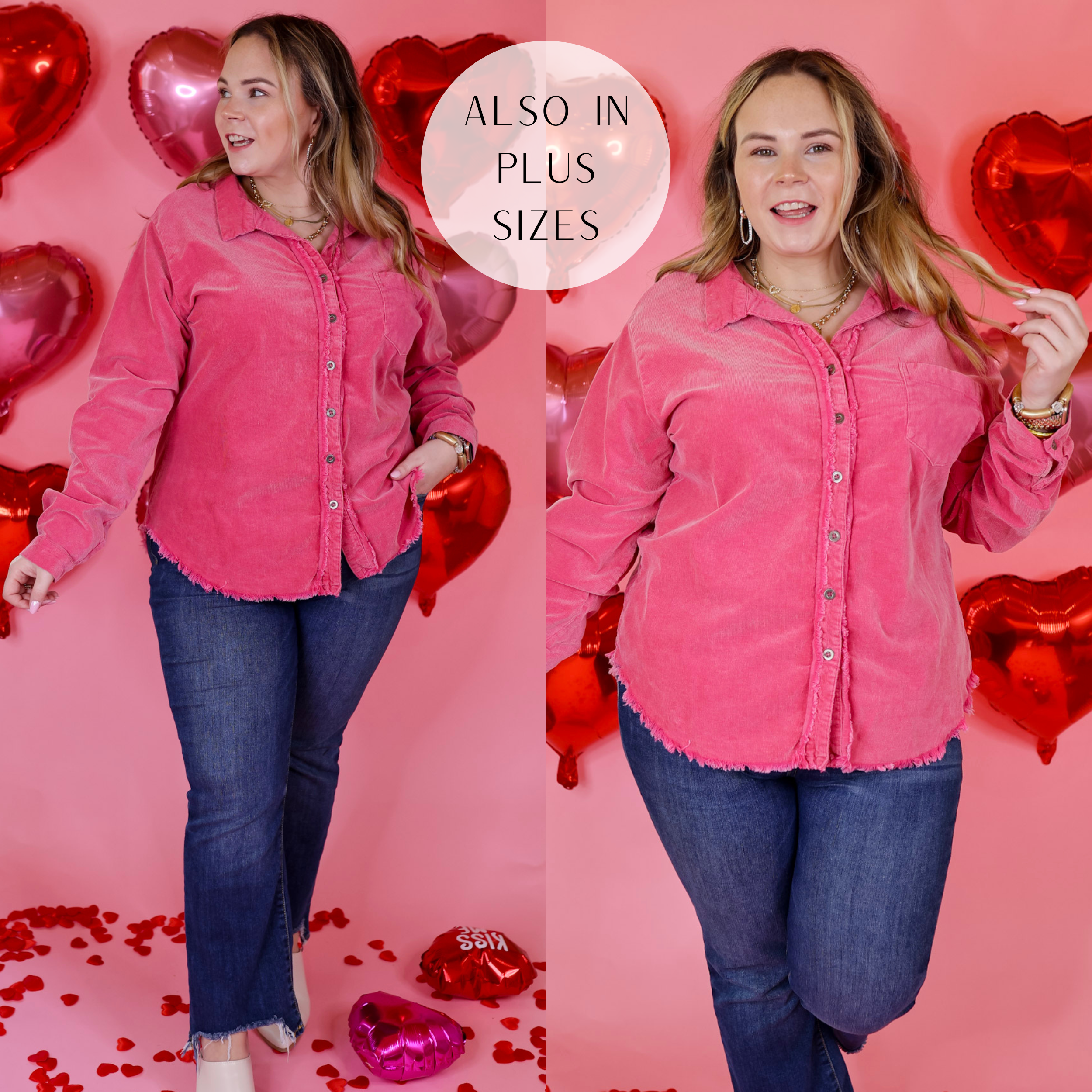 Model is wearing a corduroy jacket with a raw hem in pink. Model has this jacket paired with straight leg jeans, gold jewelry and white mules. Background is light pink with red heart balloons. 
