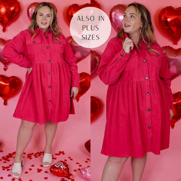 Over The Edge Corduroy Button Up Babydoll Dress in Hot Pink - Giddy Up Glamour Boutique