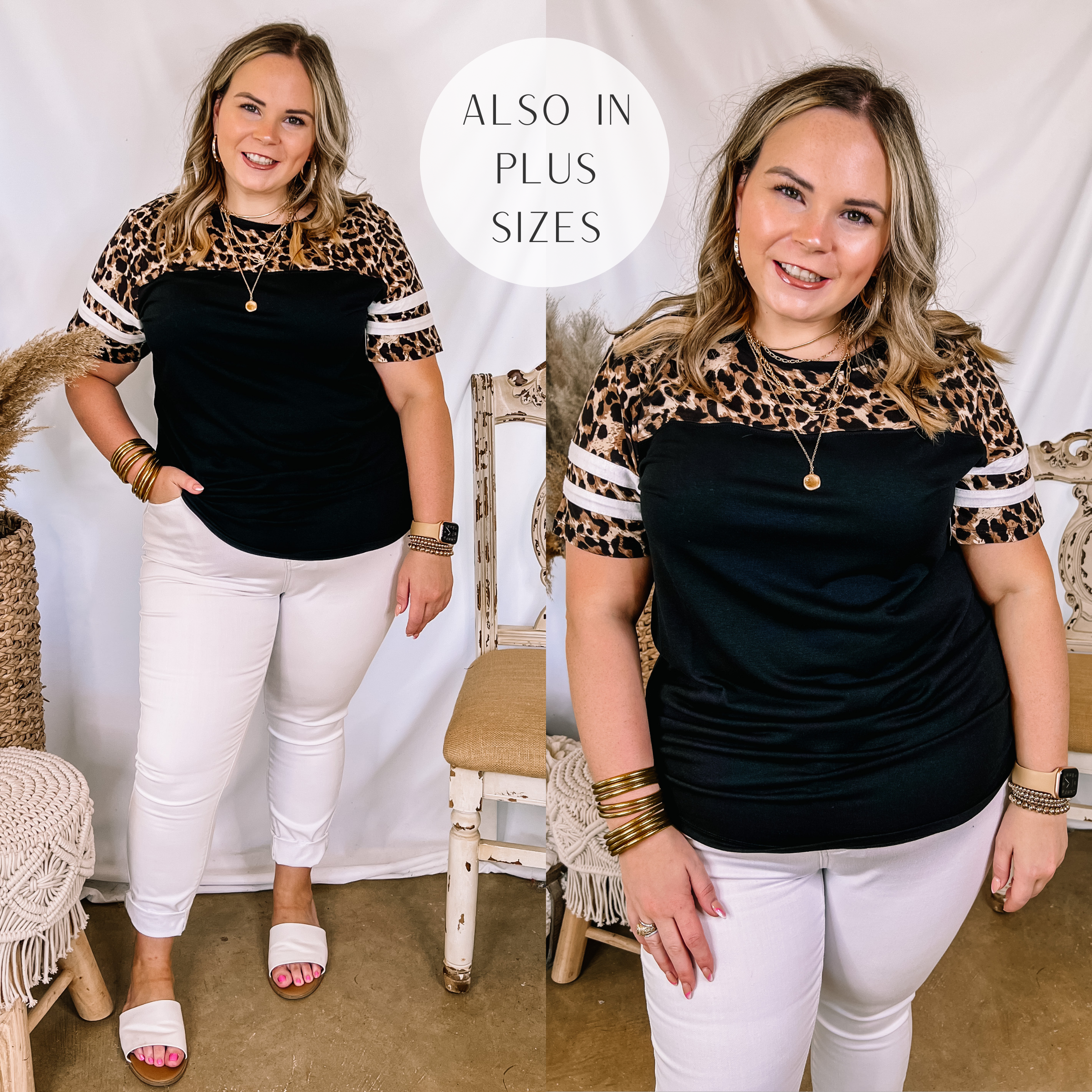 Models are wearing a black varsity stripe top that has a leopard print upper. Model has it paired with white skinny jeans, white sandals, and gold jewelry.