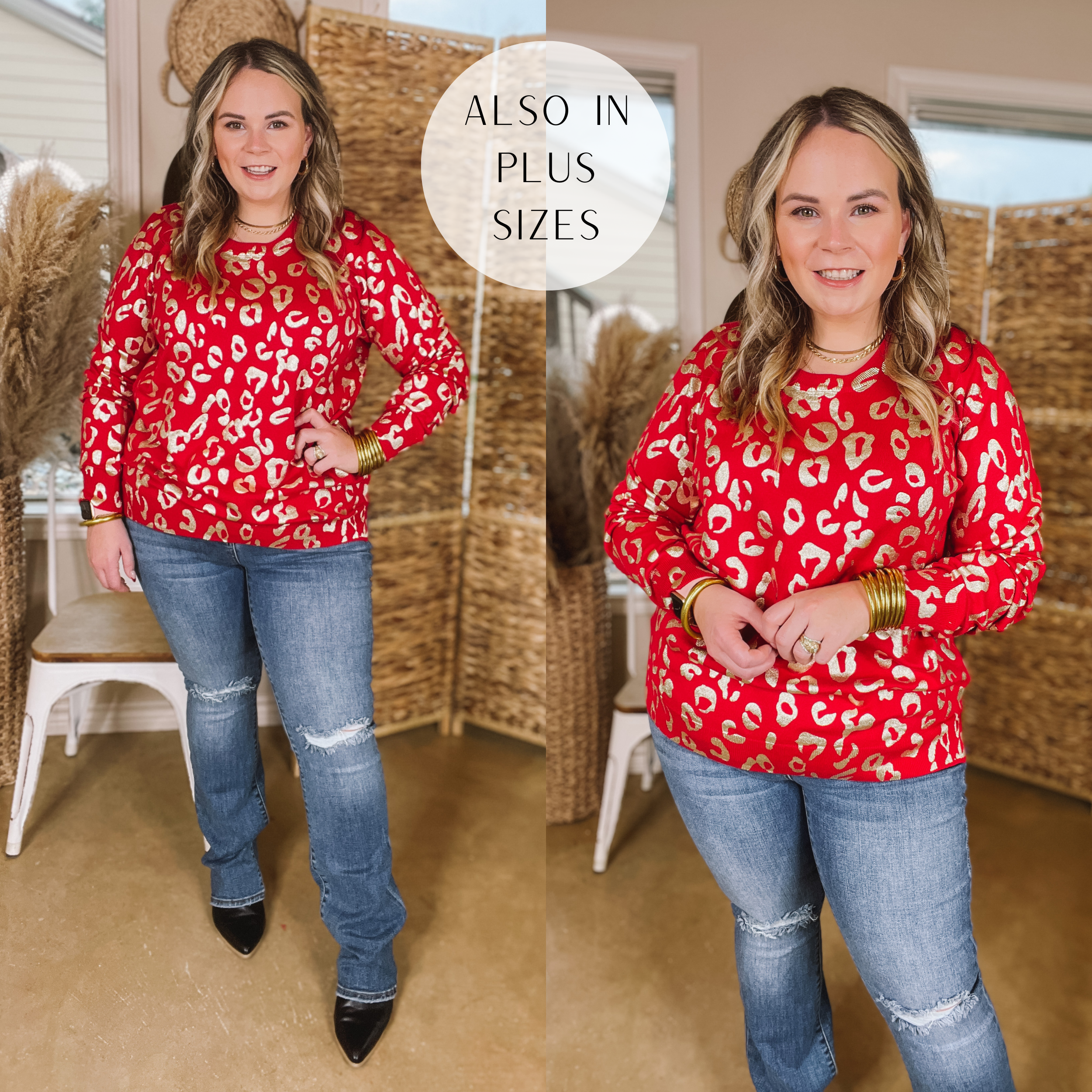 Model is wearing a red sweater with gold cheetah print and zippers around the sides. Model has this sweater paired with bootcut jeans, black booties and gold jewelry. 