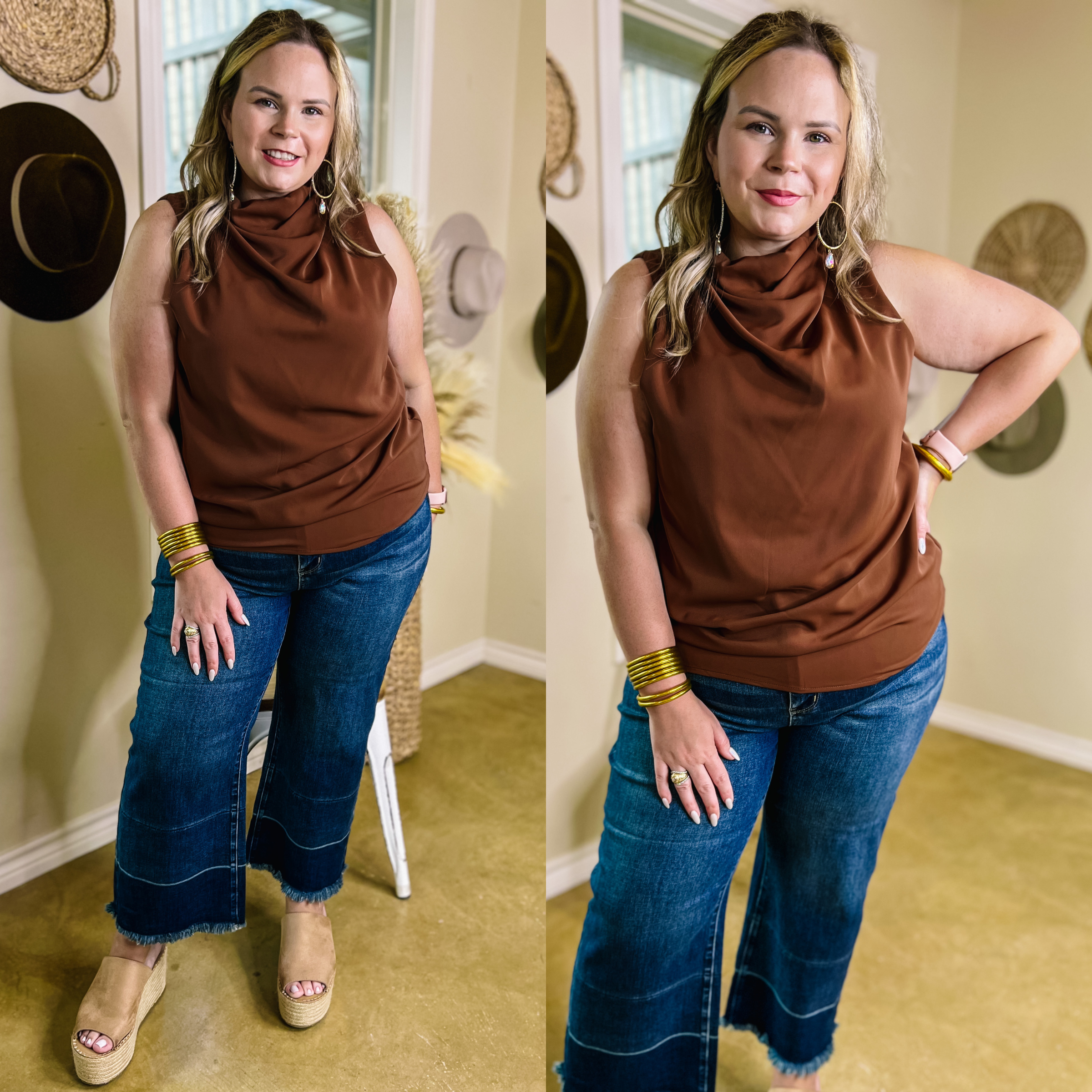 Models are wearing a brown cowl neck top. Model has it paired with cropped wide leg jeans, tan wedges, and gold jewelry.