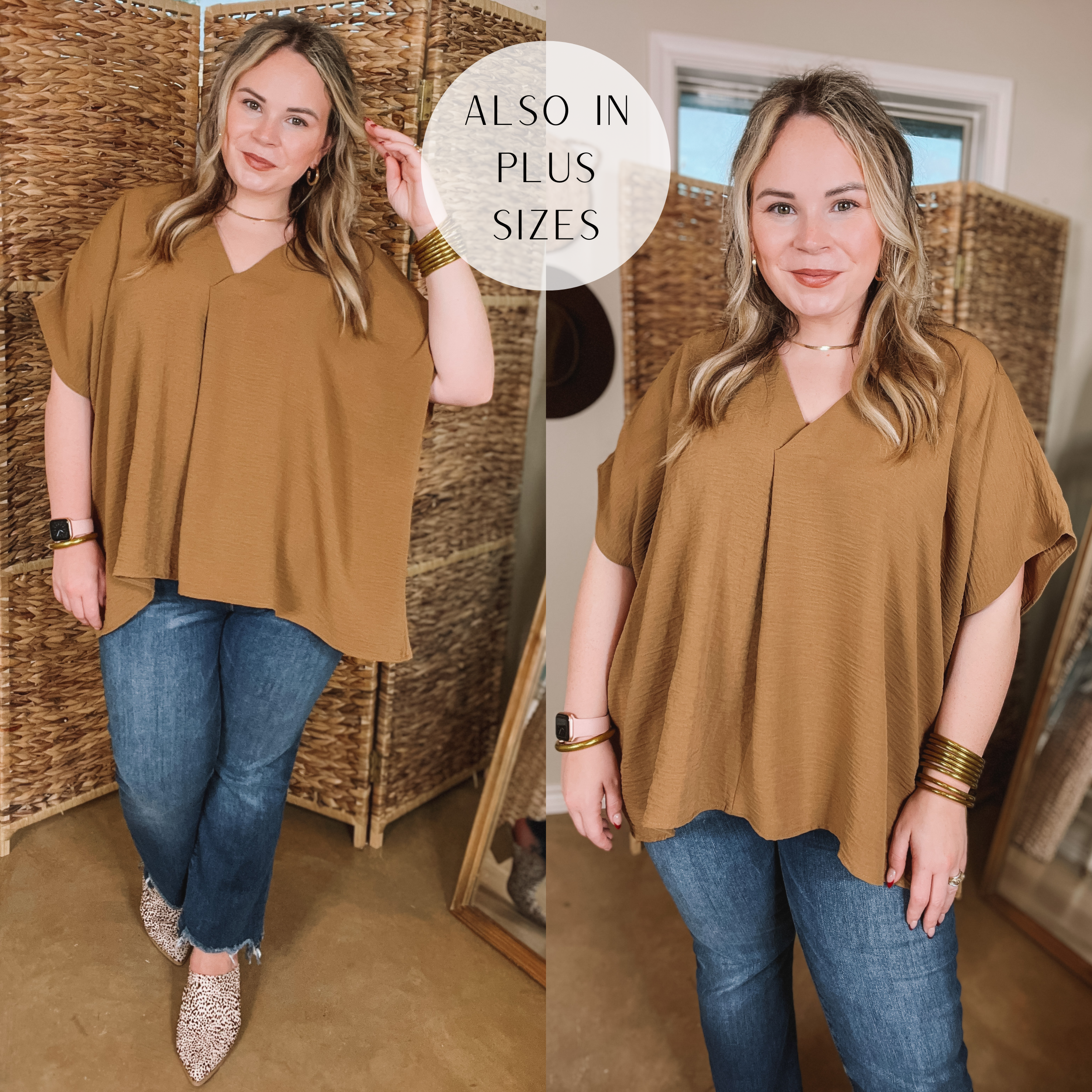 Model is wearing a short sleeve, v-neck top in camel brown. Model has this top paired with straight leg jeans, dotted mules and gold jewelry. 