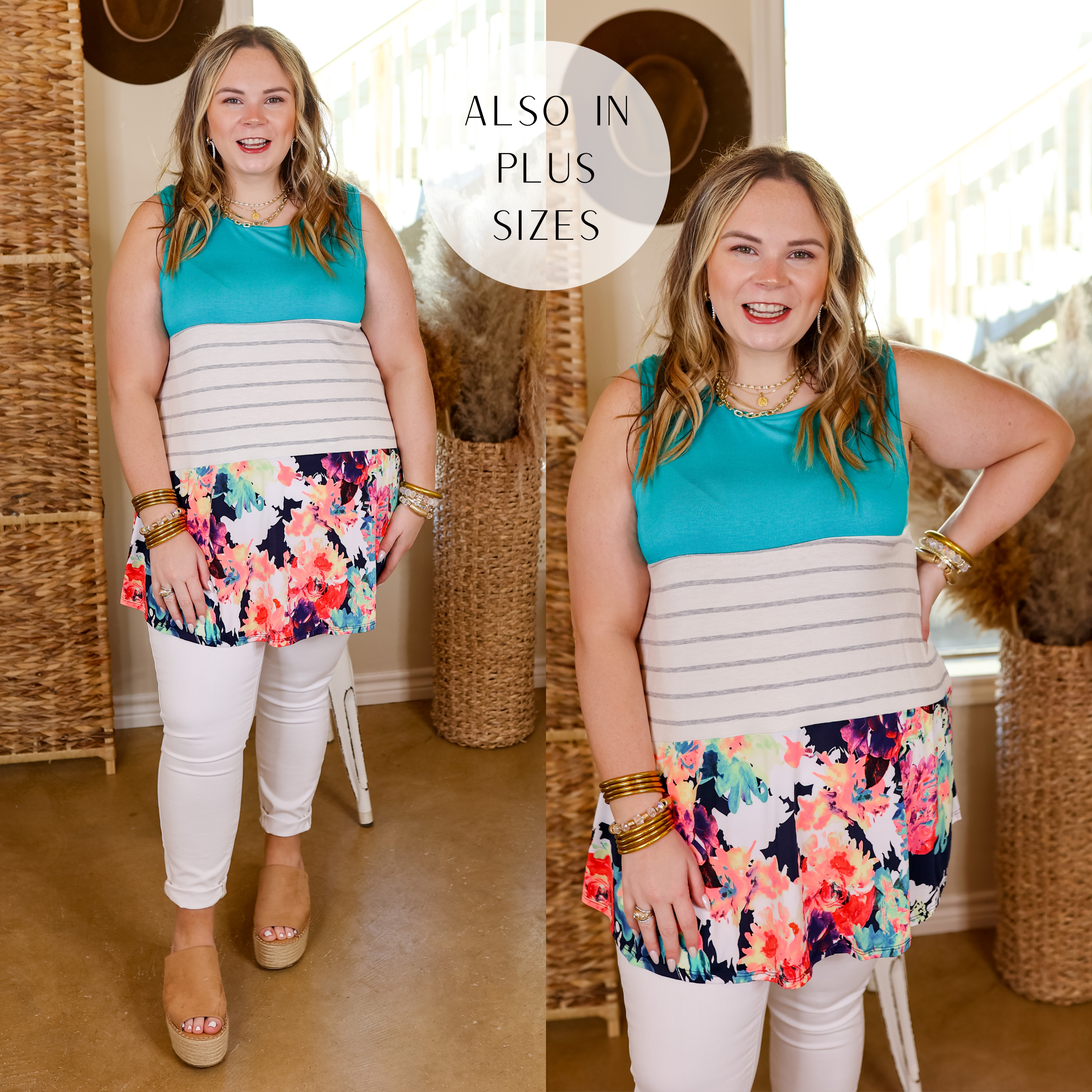 Model is wearing a tank top with 3 different horizontal color blocks including turquoise, stripes, and a floral print. Model has this top paired with white jeans, nude wedges, and gold jewelry. 