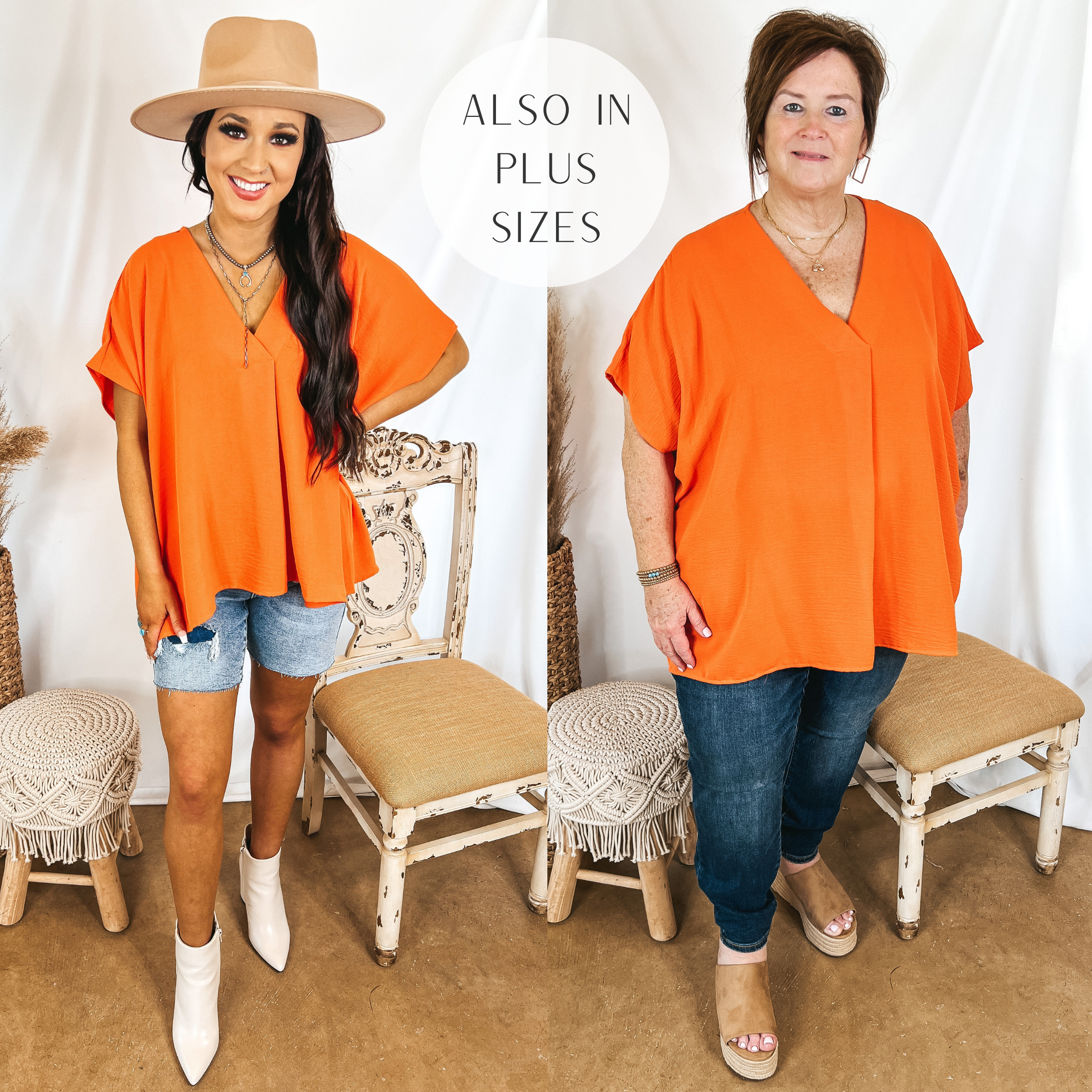 Models are wearing an orange top that has a v neck placket. Size small model has it paired with white booties and bermuda shorts. Plus size model has it paired with dark wash skinny jeans, tan wedges, and gold jewelry.