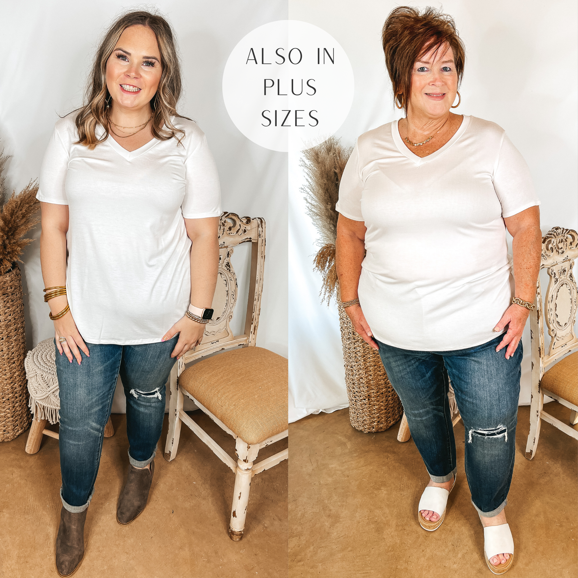 Models are wearing a short sleeve tee that is off white. Models have this solid top paired with patch knee boyfriend jeans. Size large model has it paired with brown booties and gold jewelry. Plus size model has it paired with white sandals and gold jewelry.
