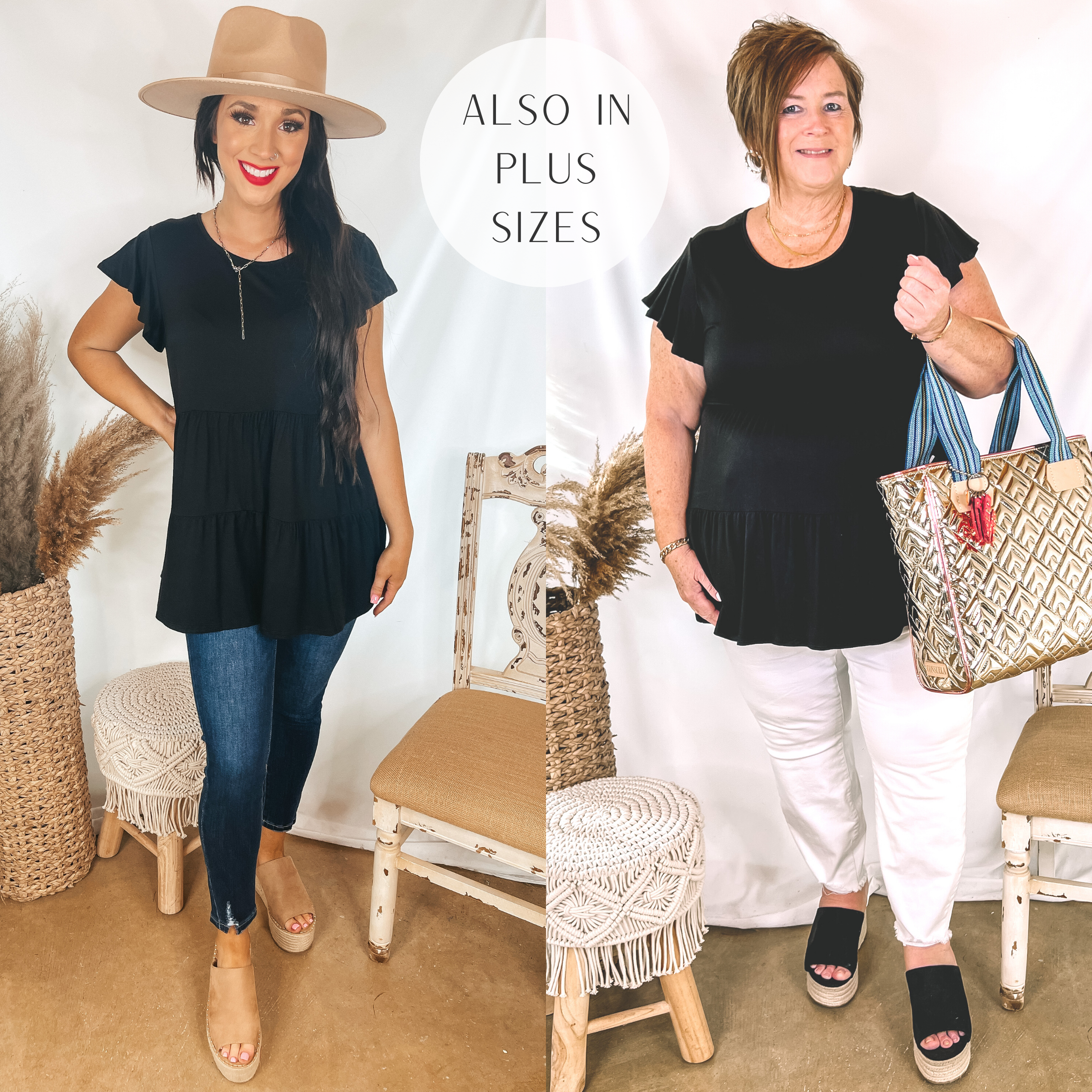 Models are wearing a black tiered top that has ruffle cap sleeves. Size small Model has it paired with dark wash skinny jeans, tan wedges, a tan hat, and silver jewelry. Plus size model has it paired with white jeans, black wedges, and gold jewelry.
