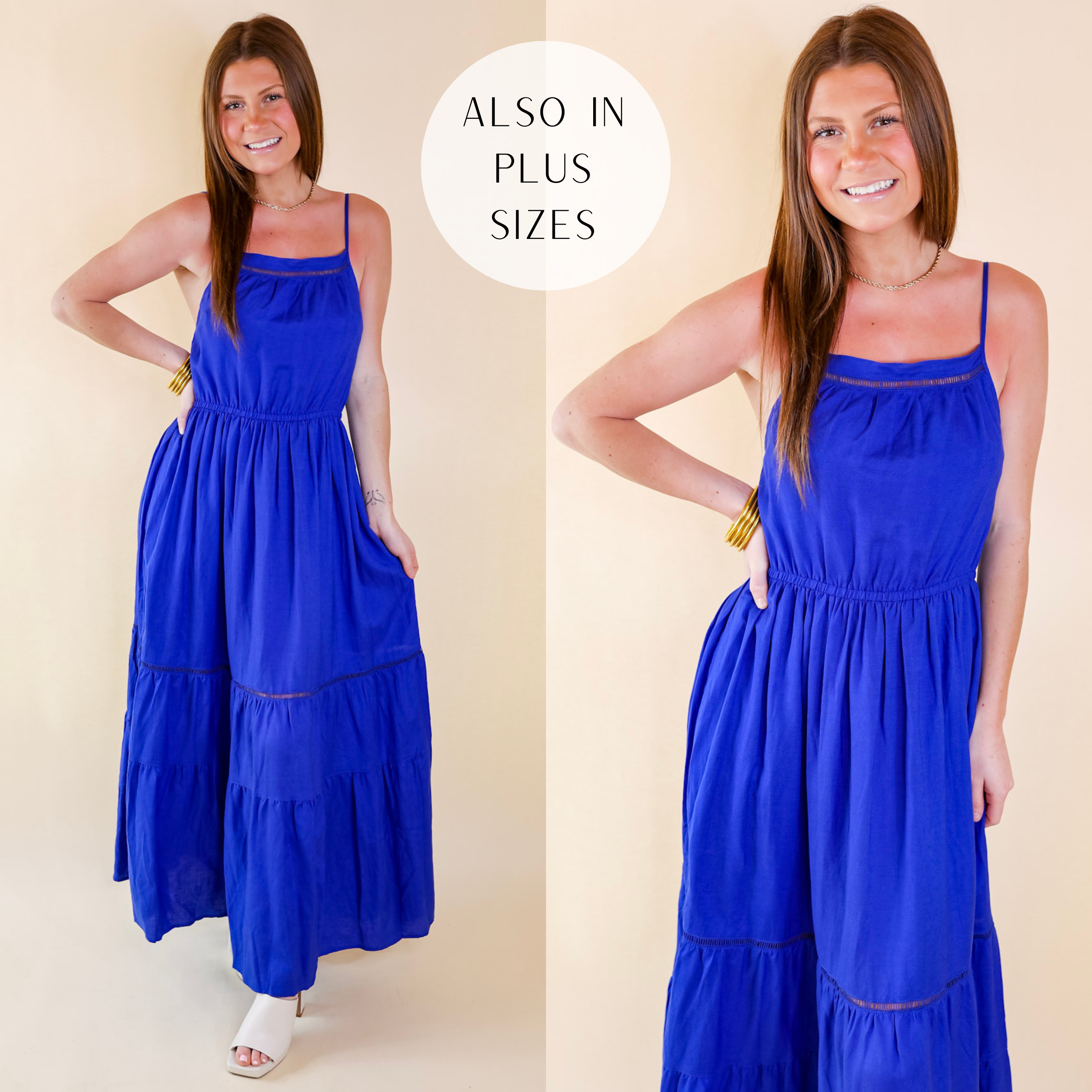 Model is wearing a royal blue maxi dress with spaghetti straps, an elastic natural waist, and a tiered skirt. Model has it paired with white heels and gold jewelry.
