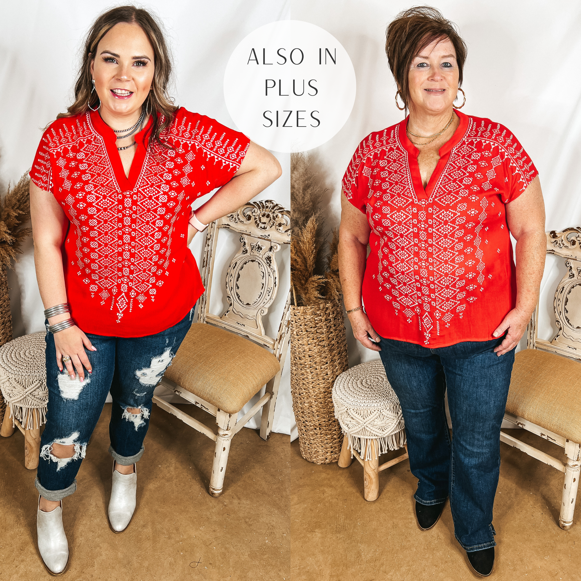 Models are wearing a red embroidered top. Size large model has it paired with white booties and distressed boyfriend jeans. Plus size model has it paired with bootcut jeans, black booties, and gold jewelry.