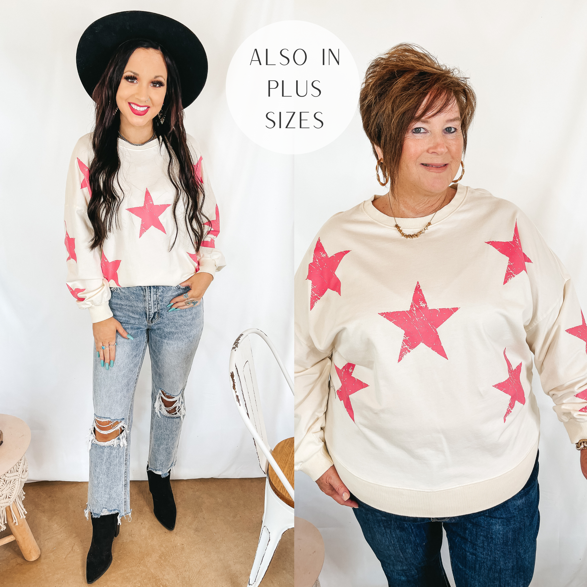 Stars and Kisses Long Sleeve Pullover Sweatshirt with Distressed Stars in Ivory - Giddy Up Glamour Boutique