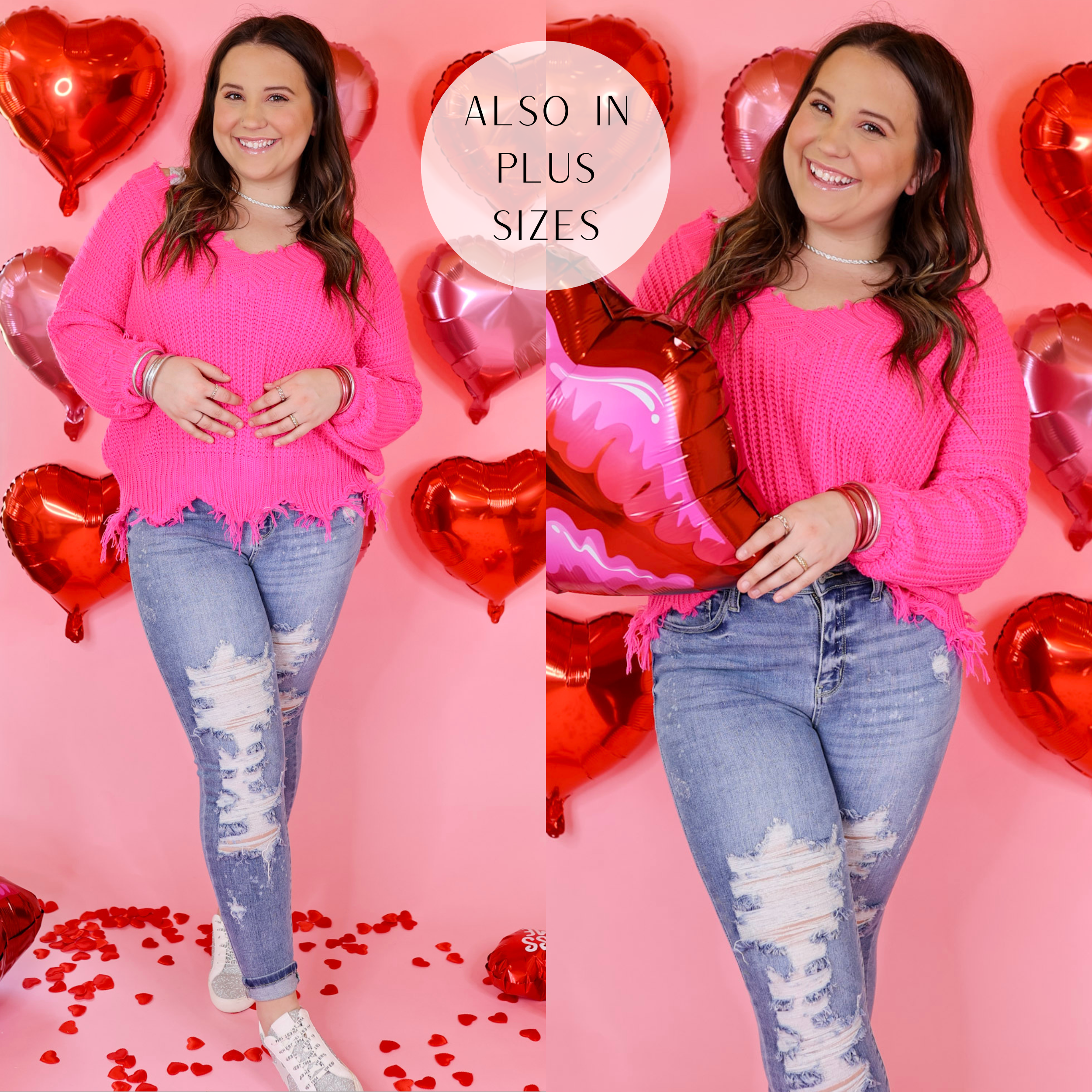 Model is wearing a v neck sweater in hot pink. Model has this sweater paired with skinny jeans, white sneakers, and silver jewelry. Background is light pink with red heart balloons. 