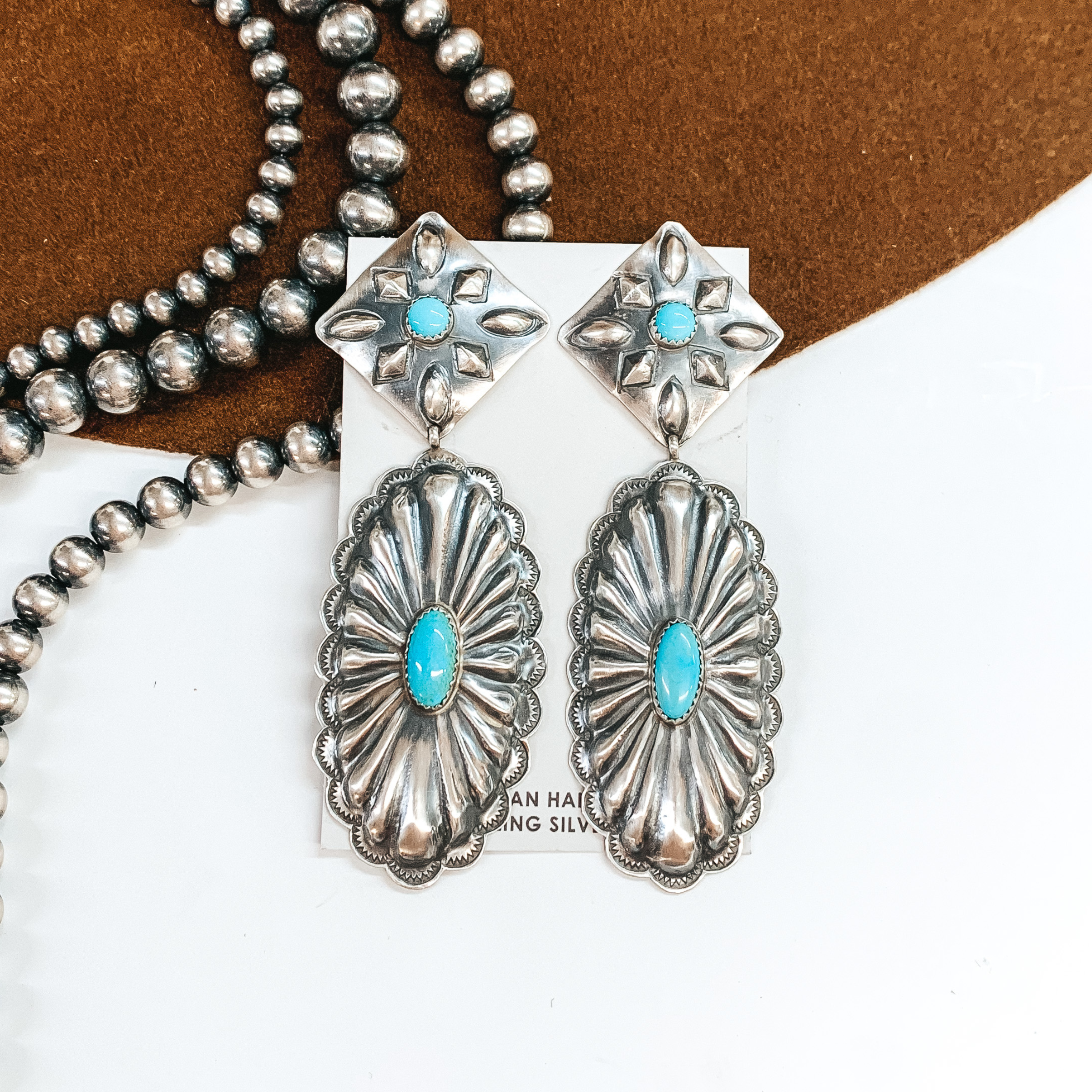 RL Begay | Navajo Handmade Sterling Silver Square Concho Post Earrings with Oval Concho Dangle and Turquoise Stones - Giddy Up Glamour Boutique