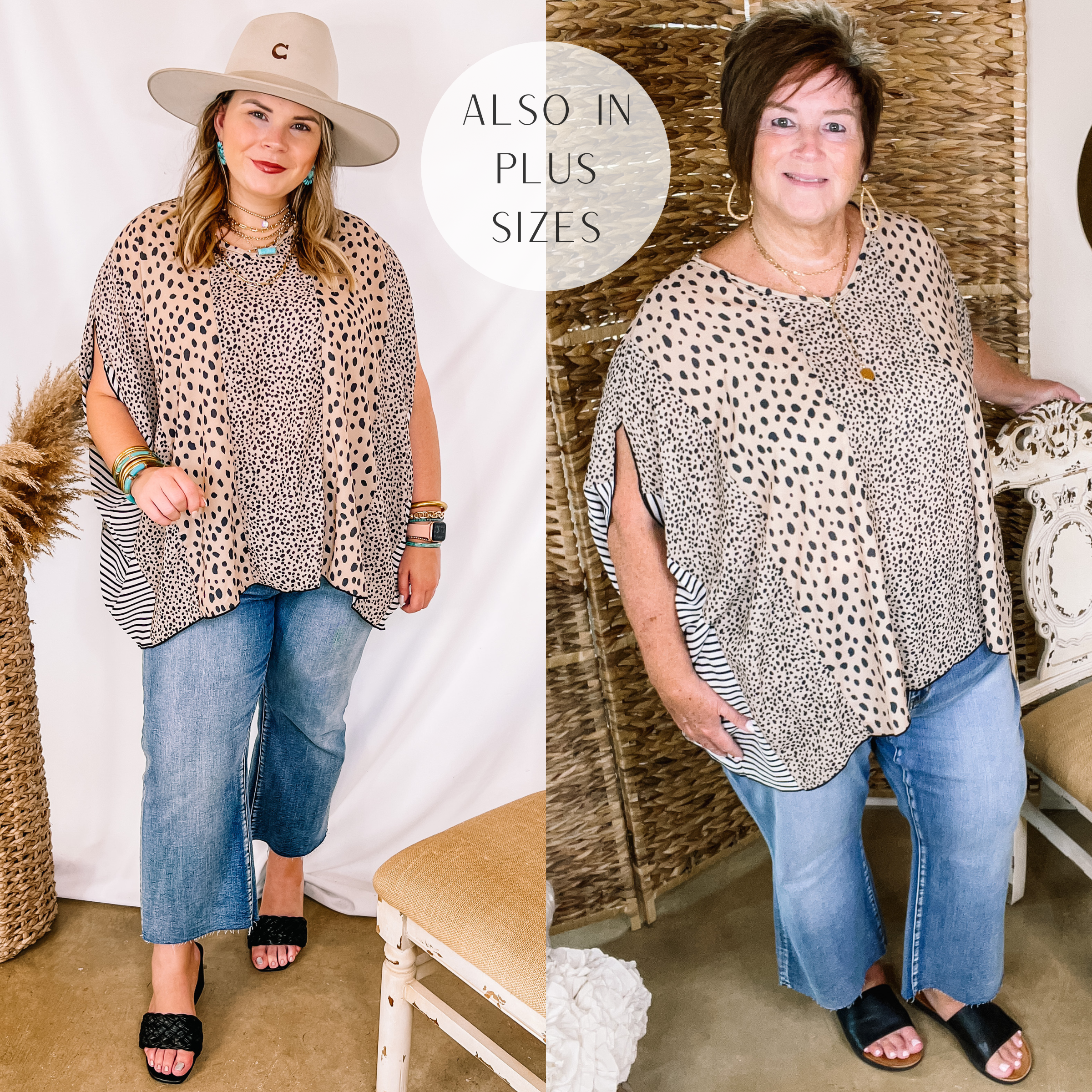 Pursue Your Passion Print Block Poncho Top in Taupe and Black