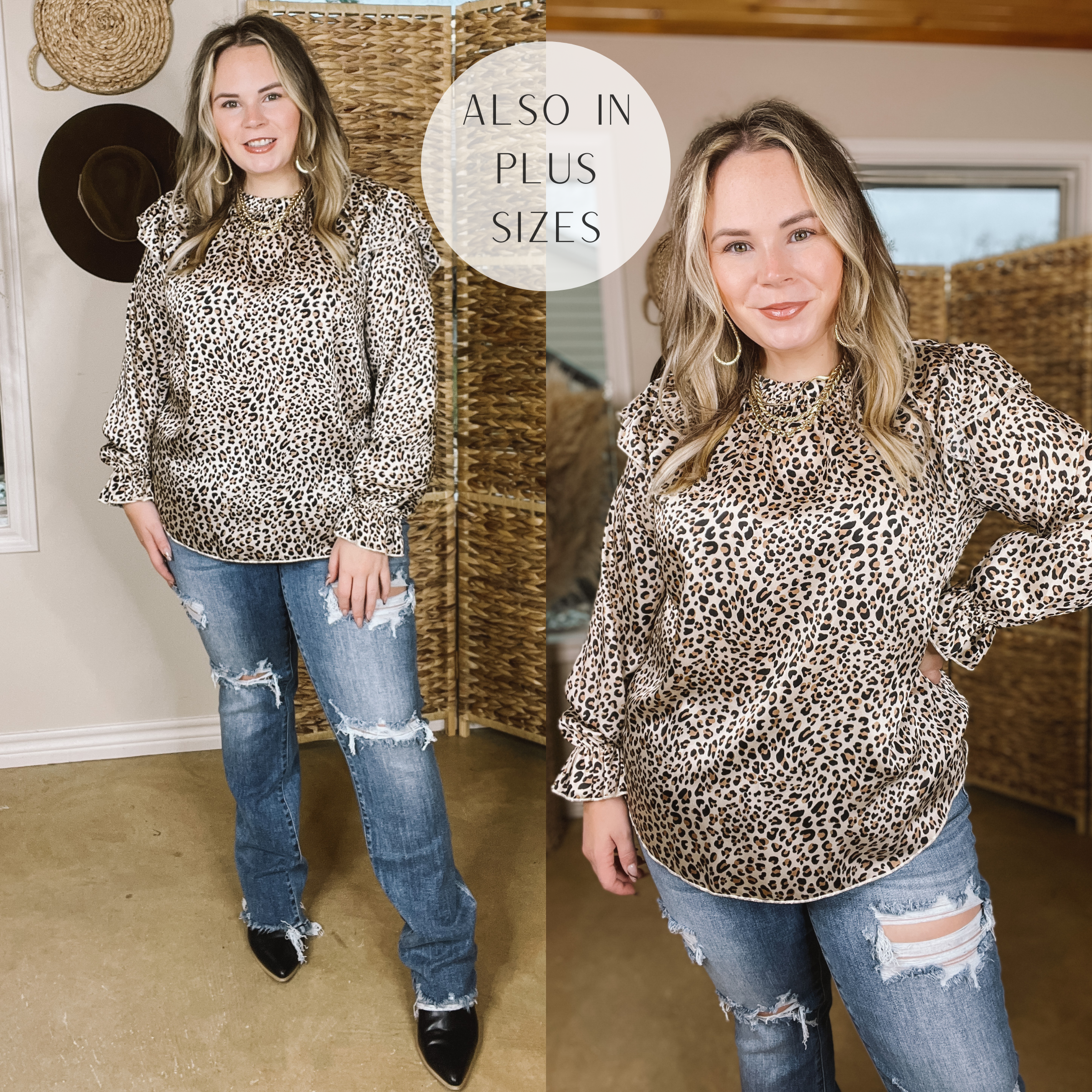 Model is wearing a leopard long sleeve shirt with ruffles long the shoulders.  Model has it paired with black booties, distressed jeans, and gold jewelry. 