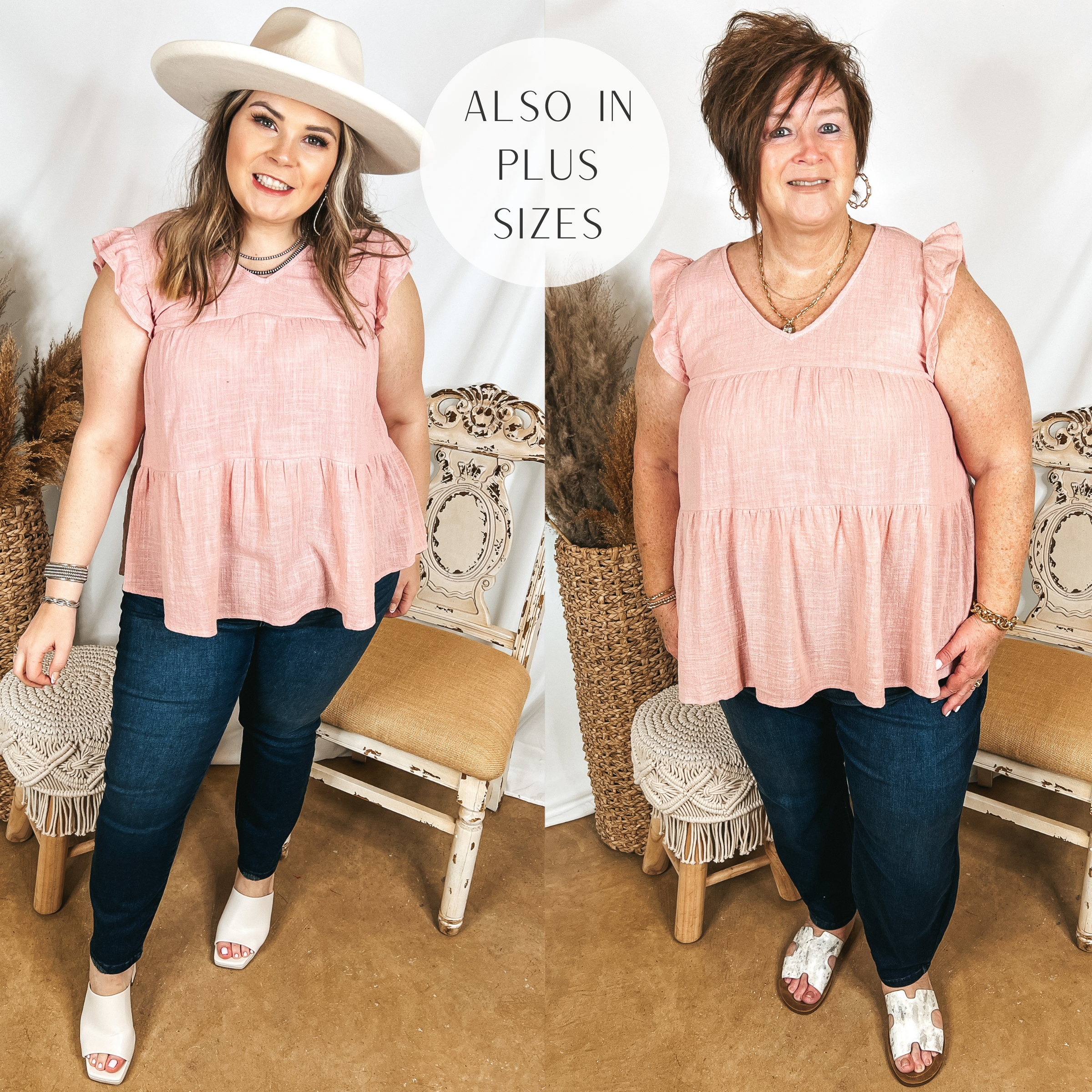 Models are wearing a dusty pink top with ruffle cap sleeves and a tiered body. Both models have it paired with dark wash, non-distressed jeans, white shoes, and jewelry.