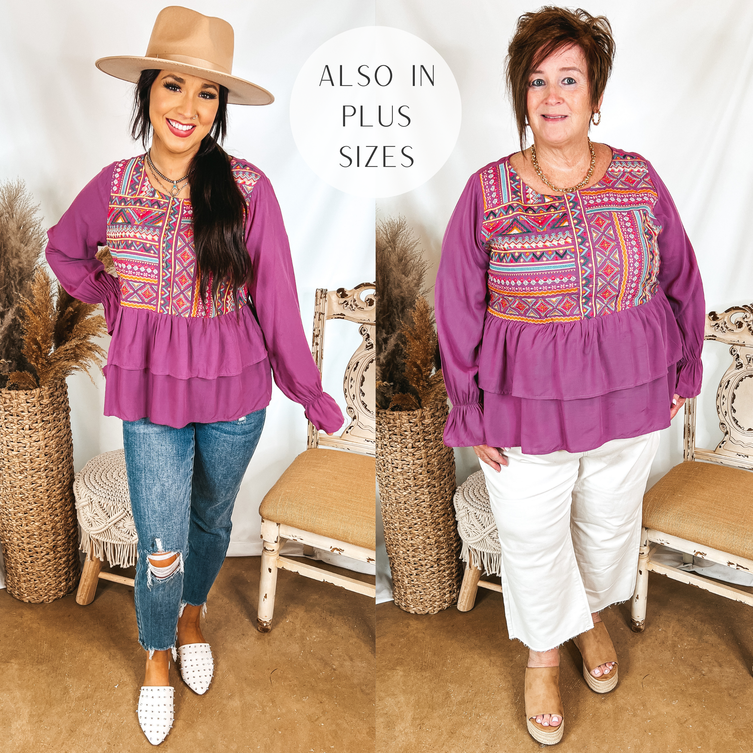 Models are wearing a purple long sleeve top that has colorful embroidery on the front. Size small model has it paired with distressed boyfriend jeans, white mules, and a tan hat. Size large model has it paired with white cropped jeans, tan wedges, and gold jewelry.