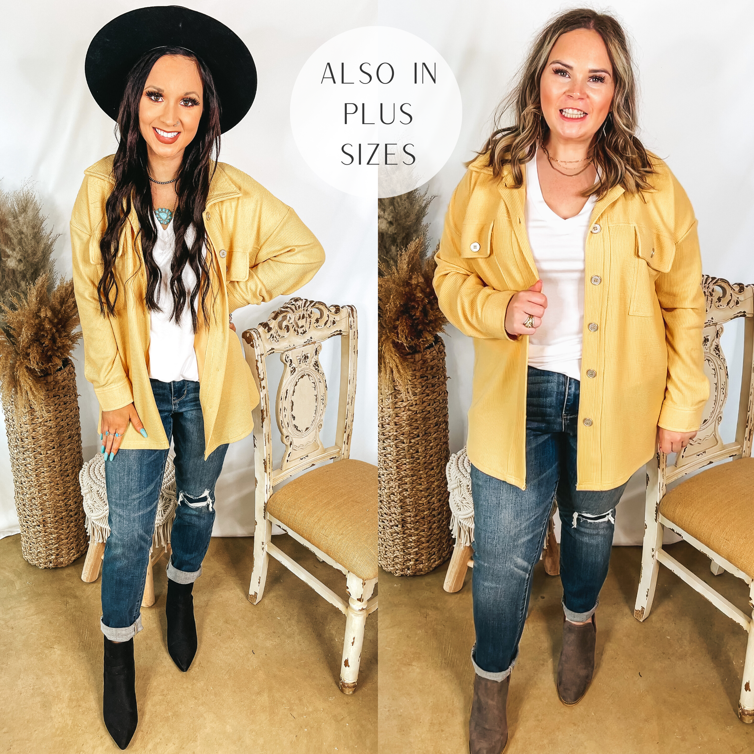 Models are wearing a yellow button up shacket. Models have it paired with a white tee, dark wash jeans, and booties.