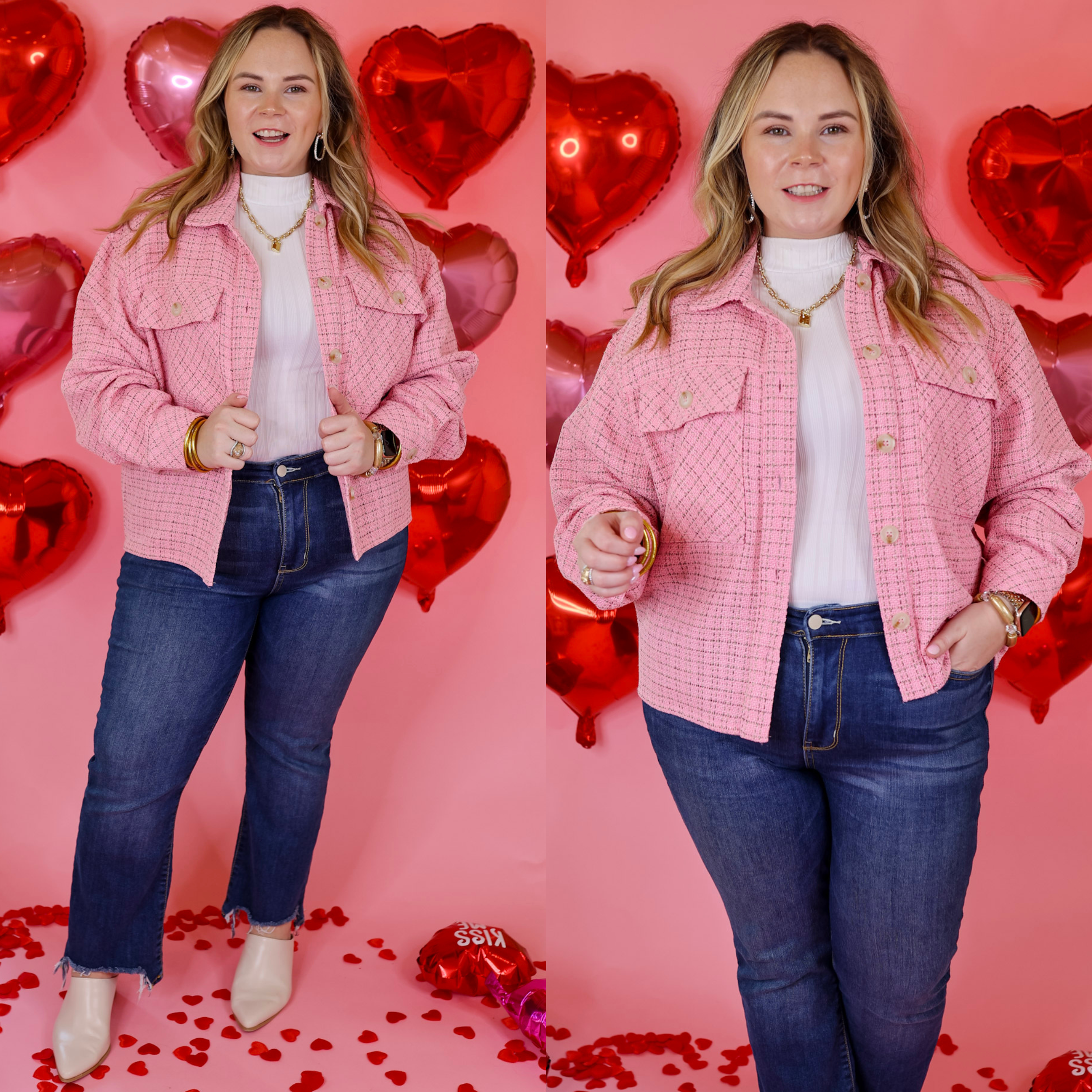 Model is wearing a button down tweed jacket with front pockets in pink. Model has this top paired with straight leg jeans and white heels. Background is light pink with red heart balloons.
