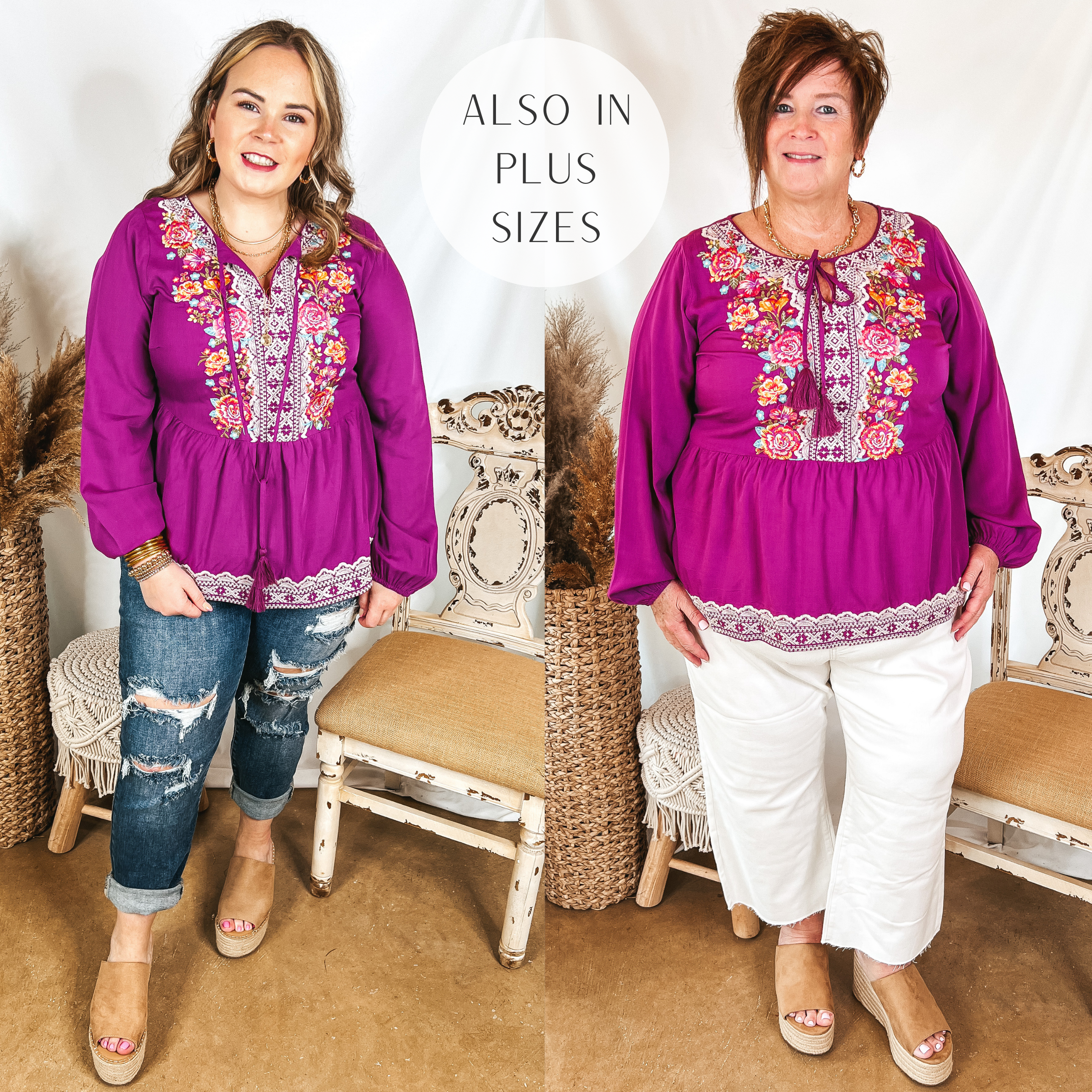 Models are wearing a purple top that has a front keyhole and colorful floral embroidery. Size large model has it paired with boyfriend jeans, tan wedges, and gold jewelry. Plus size model has it paired with white cropped jeans, tan wedges, and gold jewelry.